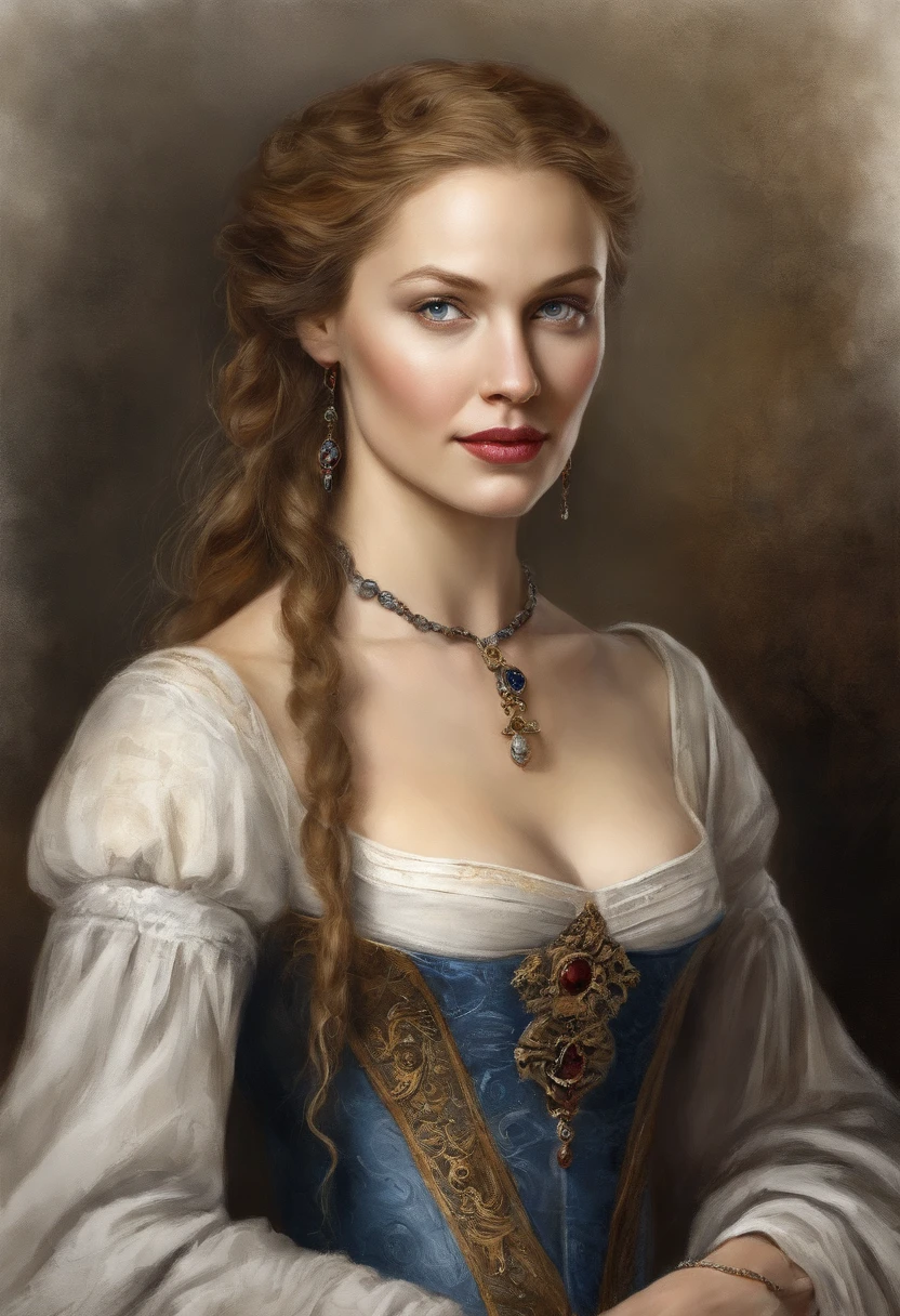 Portrait of a very beautiful medieval young woman Mirena from the film Dracula Untold (2014), feminine image of Mirena from the film Dracula Untold (2014), very beautiful and slender face of Sarah Gadon, long blond thick hair, her hair shimmers with gold, she wears a beautiful medieval European outfit , white linen shirt with elbow sleeves, dark gray and tight corset, low and wide red leather belt around her waist from Dracula Untold (2014), blue eyes, dark gray shadows on her eyelids, long black thick eyelashes, accentuated cheekbones, beautiful sensual red lips, around the 15th century, the Middle Ages, this woman is twenty-six years old -