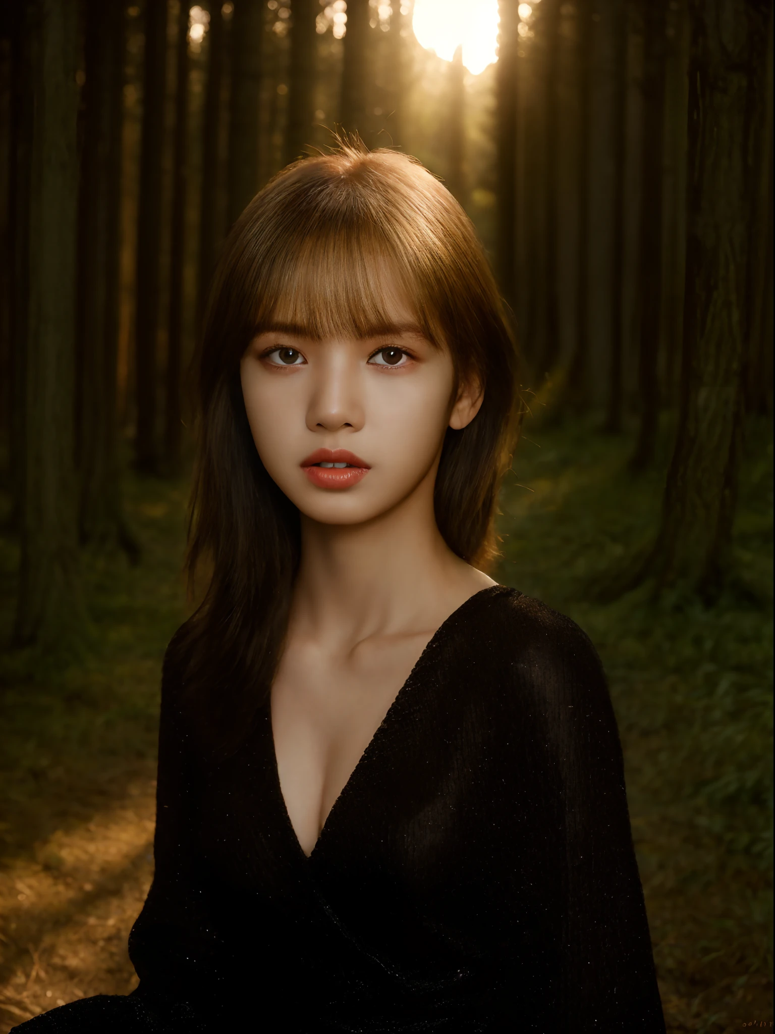 ((-teen girl)), bldress with v-neck, breast-to-face photo, sitting, very light skin, short hair, forest, wooden houses, sunset, photorealistic, indirect lighting, volumetric light, ray tracing, hyperdetailed