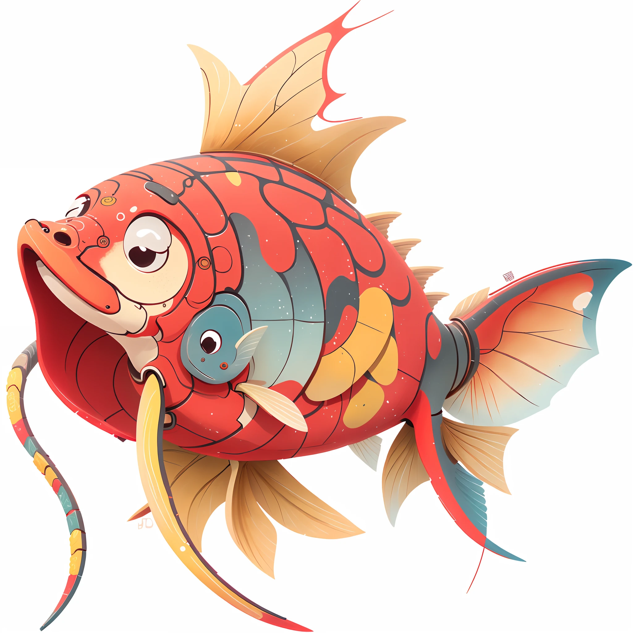 cartoon fish with a crown, fish gills, dragon whiskes, robotic, anthropomorphic warrior fish, ammor fish, danbooru, flying fish, koi, metal gold fin,🚿🗝📝, あかさたなは on twitter, uwu, by Awataguchi Takamitsu, (((high quality))), (heavy armor:1.3), (warrior), (samurai)