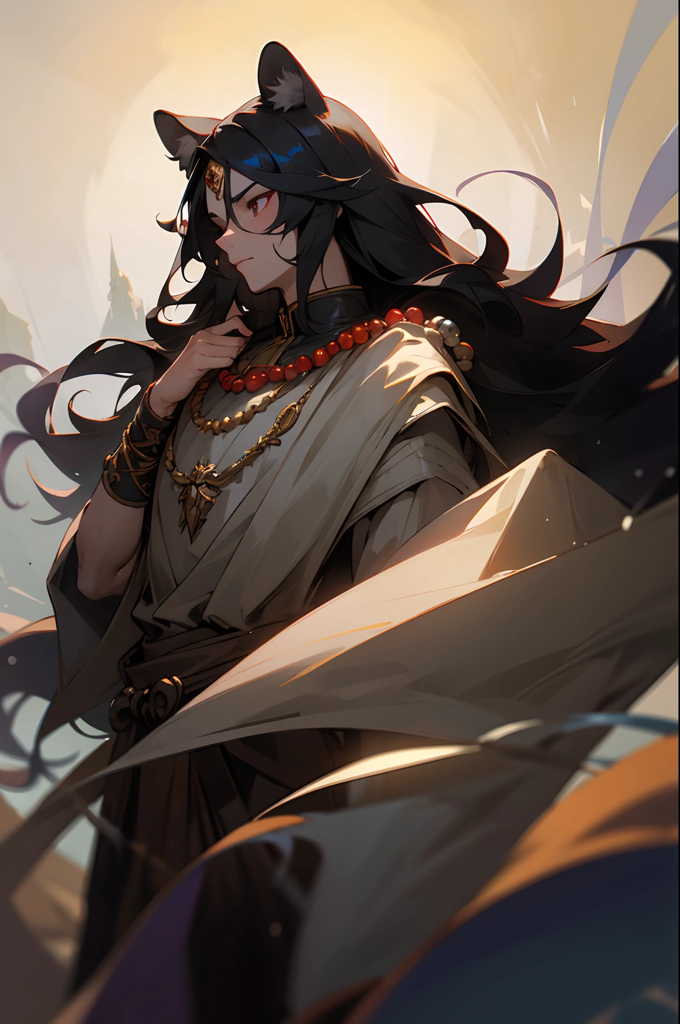 (masterpiece, best quality:1.2),1male , upper body, tail, large tail, black hair, very long hair, wavy hair, red eyes, detailed eyes, multicolored hair, circlet, bead necklace, animal ears, leopard ears, black cape, white dress, hip vent, pelvic curtain, snowy, snowy mountains, blizzard, volumetric lighting, subsurface scattering, cinematic lighting, chiaroscuro, floating hair, hand on own chest, mature look, human ears covered by hair, black beard.
