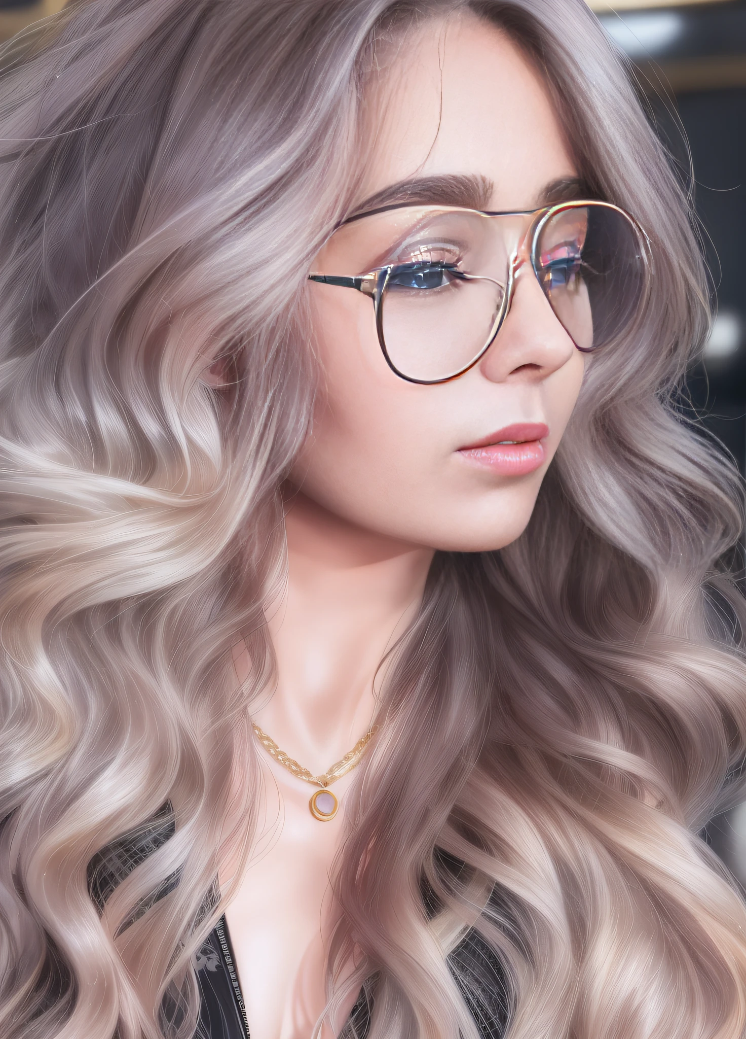 A woman in glasses and a black shirt is looking down, Destaques Ouro e Prata, grandes destaques, girl with glasses, Ethereal gold and silver tones, Destaques brilhantes, wavy long black hair and glasses, morena com cabelos loiros tingidos, Destaques bonitos e especulares, tons dourados e prateados, Destaques brancos no cabelo, girl wearing round glasses, cabelos prateados cacheados, cabelos loiros e prateados, qualidade ultra hd 19k detalhes da pele e seus poros ultra realista , rosto bem detalhado detalhes dos olhos vividos , fleshy, red lips , ultra detalhado , seios grandes e redondos , Sharp waist curve guitar style, detalhes do rosto e poros da pele