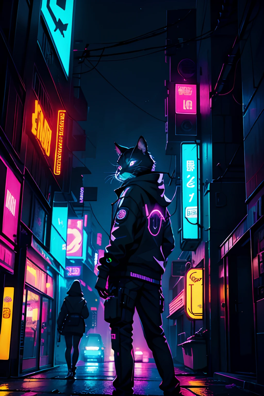 neon, cyberpunk, night, nocturnal, cat,
