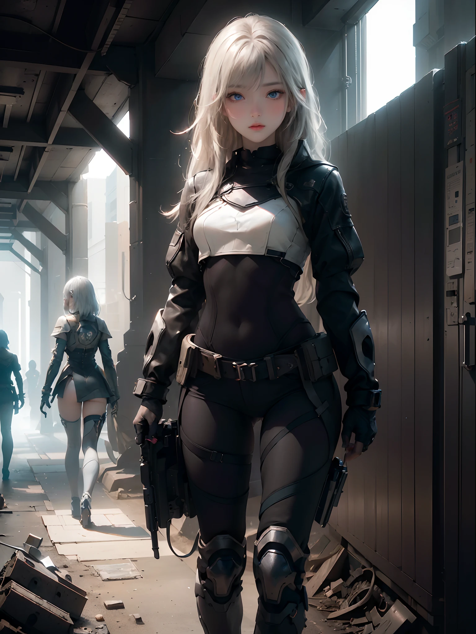 ((top-quality)), (((masterpiece)), (detaileds: 1.4), 3D, Beautiful Cyberpunk Woman Image, bob cuts, Broken black tights, leather clothes, Electromechanical, nffsw(HighDynamicRange), Ray traching, NVIDIA RTX, Hyper-Resolution, Unreal 5, Sub-surface scattering, PBR Texture, Postprocess, Anisotropy Filtering, depth of fields, Maximum sharpness and acutance, Multilayer Texture, Albedo and Highlight Maps, Surface Coloring, Accurate simulation of light-material interactions, perfectly proportions、octane renderings、two tone lighting、Large aperture、Low ISO、White Balance、thirds rule、8K Raw、masterpiece、top-quality、(8k extremely detailed CG unit wallpaper)(top-quality)、(The best illustrations)、(Best Shadows), innocent blue eyes, long hair, big tits, super detailed hand