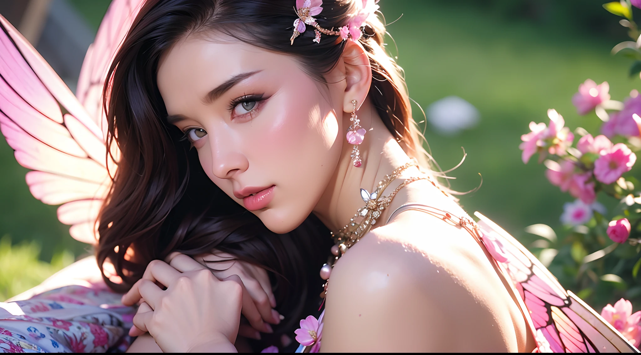 (One of the best, high high quality, 4K, 8K, High-res, Masterpiece:1.2), 1 girl, intricately details, cropped shoulders, Mini skirt, necklace, Ruffled hem, sheerfabric, peeking out, Reddening cheeks, Butterfly wings, Sit in the clouds, Blurred background, floral patterns, Lost in thought, from league of legends, as K/kaisa.
