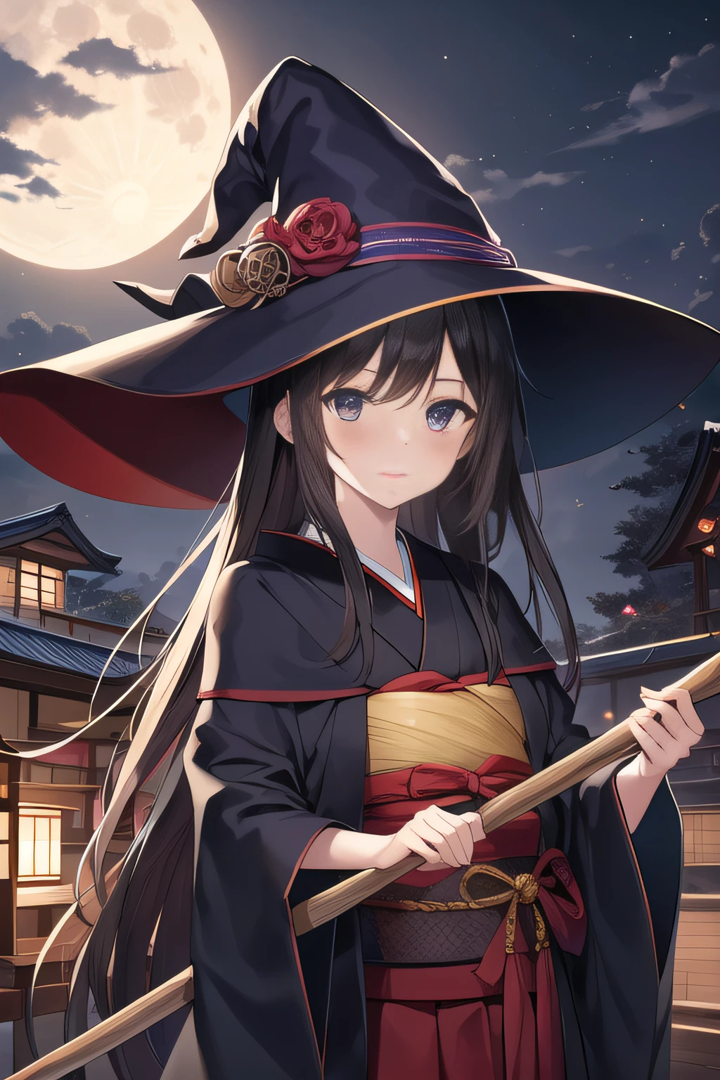 masterpiece, super detail, best quality, beautiful girl, witch, witch hat, wooden broom, Japanese alley, midnight, moonlight
