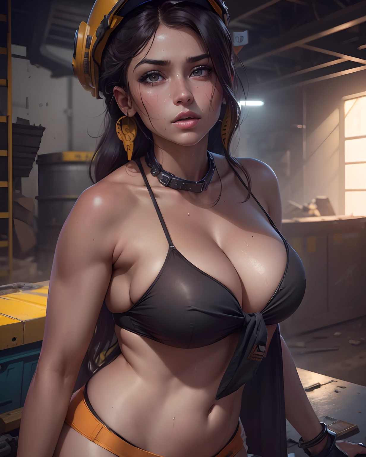 (best quality,highres),girl,construction jacket,engineer helmet,no undies,thong panty,long hair,big breast,sweating,vivid colors,sharp focus,portrait,studio lighting,colorful tones,beautiful detailed eyes,beautiful detailed lips,determined expression,confident pose,working on a construction site,tools and equipment in the background,urban setting,realistic