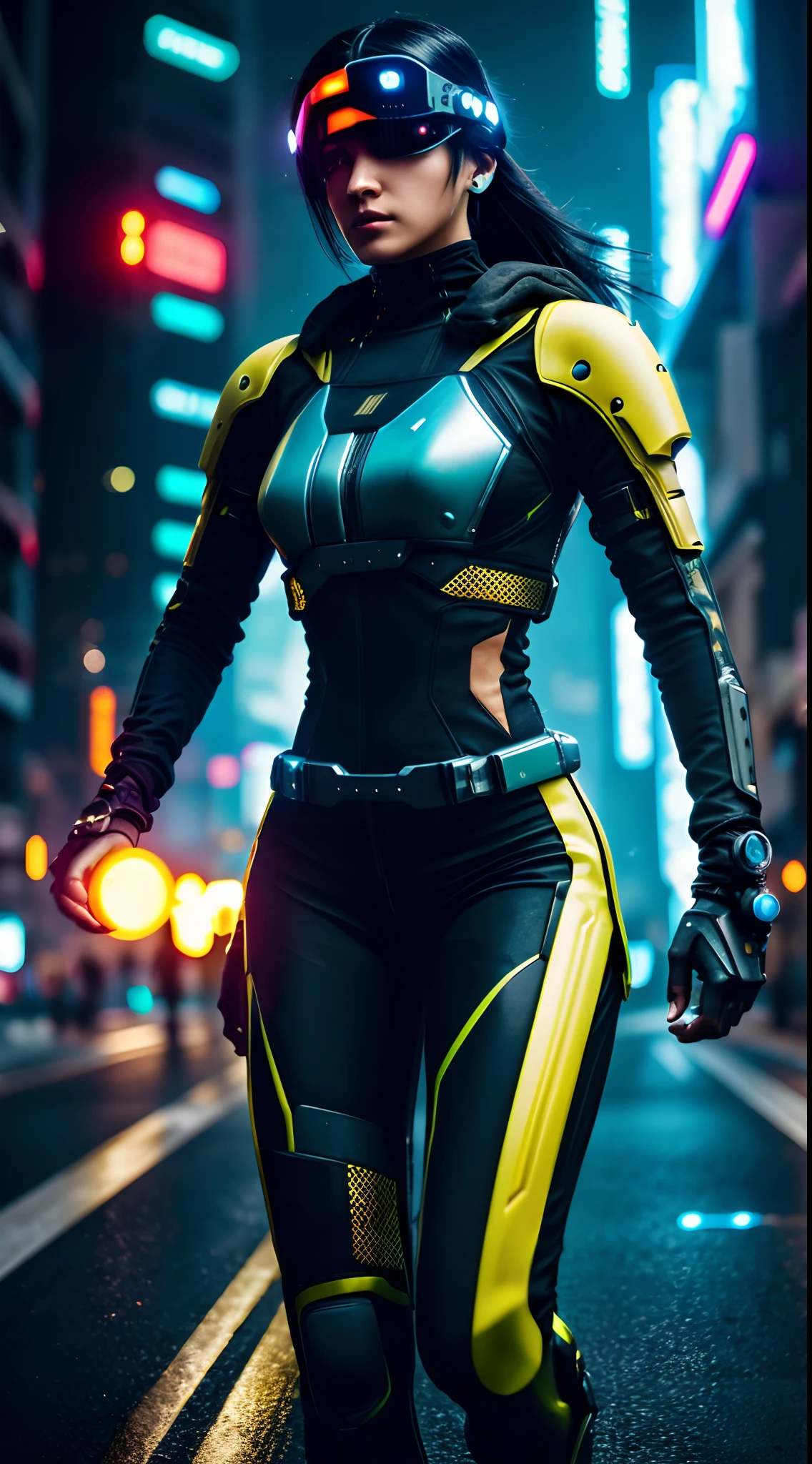 (yellow cyberpunk speed tactical suit:1) (1woman) dark theme :: focus on closeup face, serious face, cibetic visor, :: medium black hair, thick thighs :: ultra realistic futuristic speedster scifi cyberpunk athletic woman, black eyes, ((running in the middle of the street with yellow rays, cyberpunk, shadowrun, scifi high tech cyberpunk)) :: cool cyberpunk yellow speed combat suit :: natural lighting :: bokeh :: 8k ::  best quality :: masterpiece :: insanely detailed:1.5