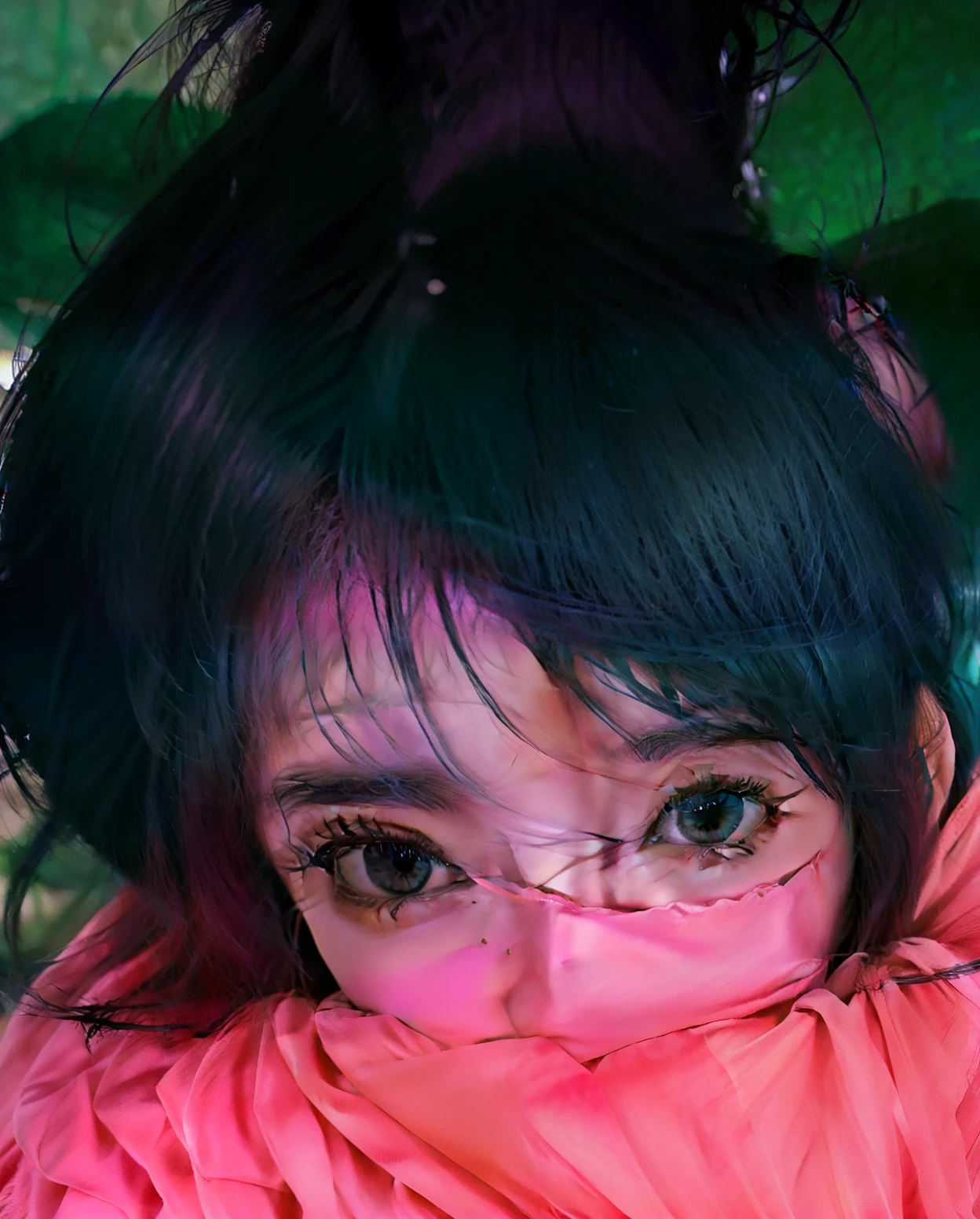 um close up de uma pessoa com cabelo preto e gravata, franja encaracolado, cabelo encaracolado preto, com olhos assombrados e cabelos cacheados, cabelos negros cacheados, com cabelos pretos, cabelos cacheados, (cabelos cacheados escuros e curtos), cachos por cima, messy curly hair, cabelos cacheados e curtos, cabelos escuros cacheados, cabelos pretos e olhos grandes, curly hair , qualidade alta, cor viva cachos definidos (cachos definidos) castanho , olhos castanhos (cor do olho pretos) Totally black eyes black iris , cor do rosto rosa(rosto rosa) cabelo azul(cabelo azul) pele Rosa , olhos negros , olhar , rosa skin , blade runner 2049 palheta de cores(Blade runner)