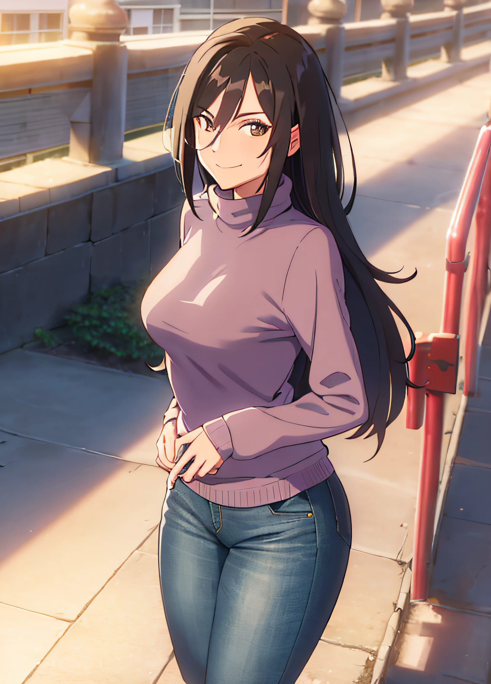 8k ultra-high image quality, solo, 1girl, long black spiky hair, light skin, brown eyes, looking at viewer, outdoors, purple sweater, turquoise jeans, smirk, wink