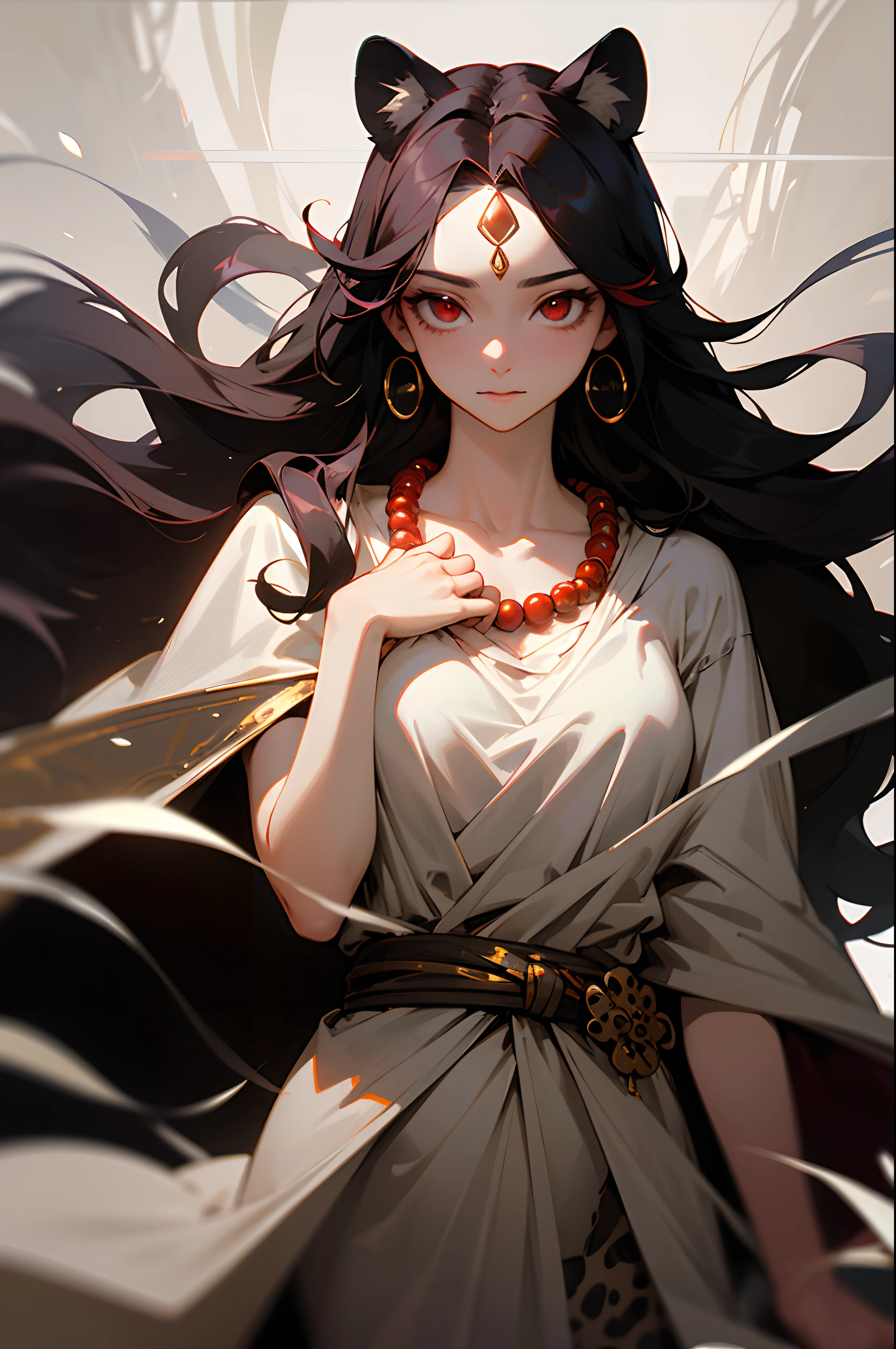 (masterpiece, best quality:1.2),1man, upper body, tail, large tail, black hair, very long hair, wavy hair, red eyes, detailed eyes, multicolored hair, circlet, bead necklace, animal ears, leopard ears, black cape, white dress, hip vent, pelvic curtain, snowy, snowy mountains, blizzard, volumetric lighting, subsurface scattering, cinematic lighting, chiaroscuro, floating hair, hand on own chest, mature look, human ears covered by hair, black beard.