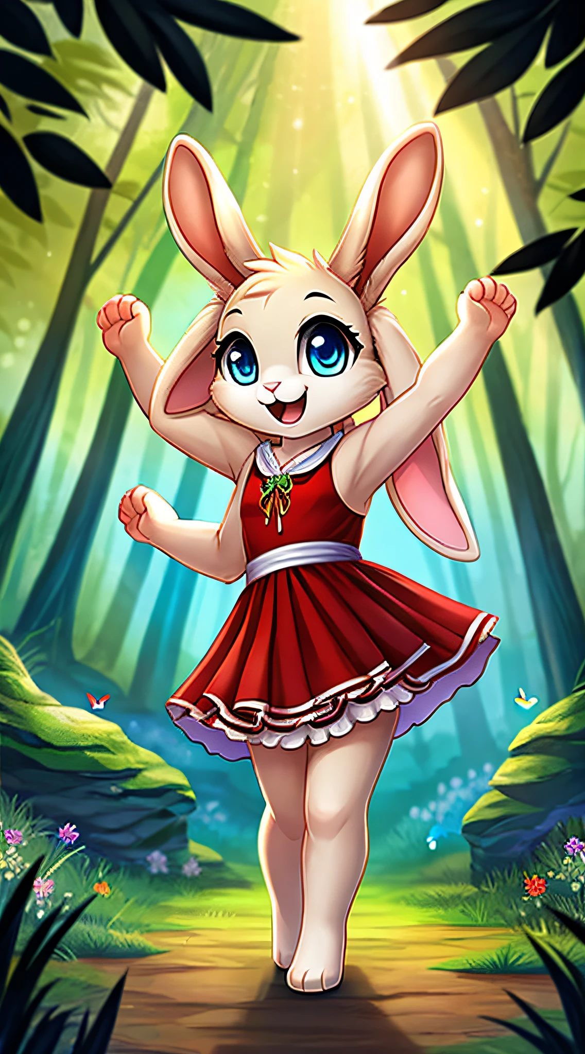 zoomed out image, fantasy style art, cute, adorable, short character, small, tiny, baby fluffy female white bunny with blue eyes, 4 ears, 2 extra ears, big floppy ears, long ears, ears perked up, raised ears, long eyelashes, wearing a red frilly ribbon dress, standing in a forest, colorful butterflies, big expressive smile, open mouth, wide eyes, excited eyes, excited face, stunning visuals, sunrays, digital illustration