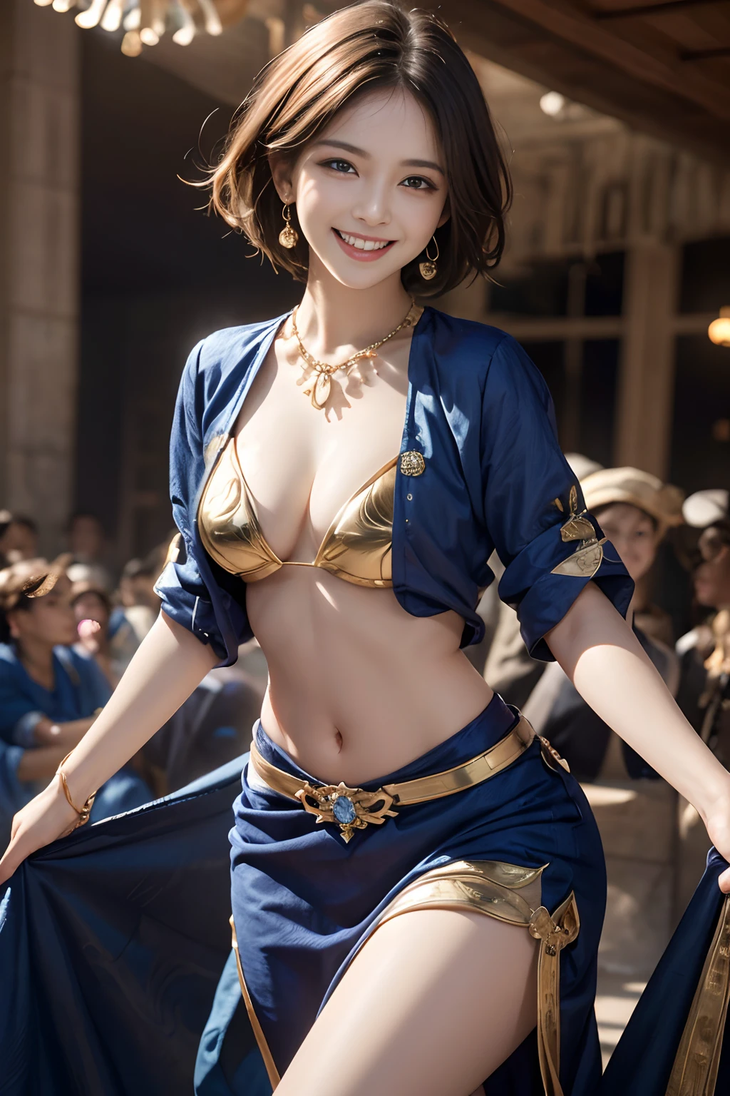 Smile full of happiness、((Looks happy:1.3))、、Panting face、Lacking、Sweating、Expression in a state of excitement、short-hair、eye glass、Photorealistic,High resolution,Soft light,1womanl,hips up high, Large breasts, Blue eyes, Expensive jewelry, Elegant and sexy fabric small indigo and gold traditional costume,
