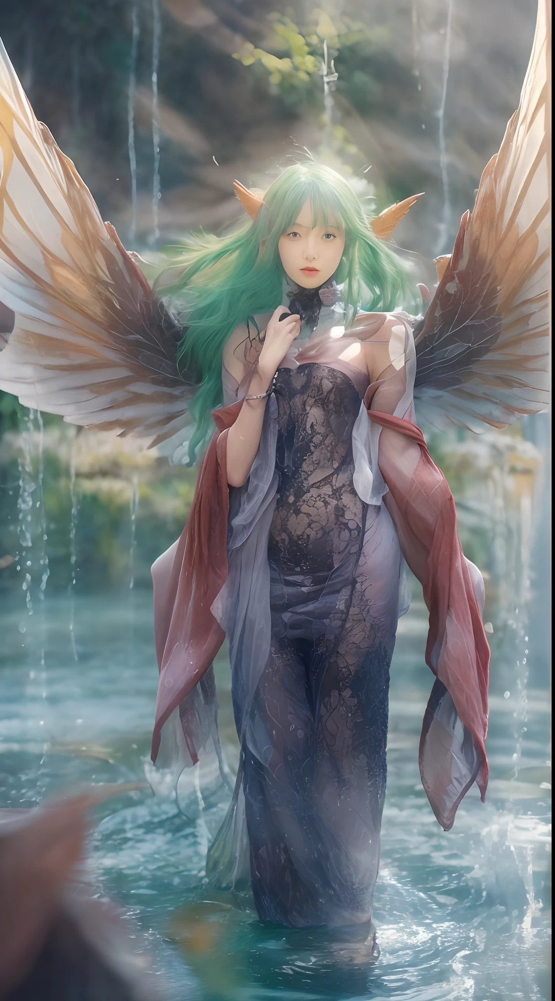 "(Best quality,Ultra-detailed,Photorealistic:1.2),Vibrant colors,Bokeh,(Quiet, serene),(katsura),(Green-haired woman),(Mechanical joints, Wing-like extension),standing in water,The running water at her feet,Intricate patterns on the wings,Reflective surface of water,A calm expression on her face"