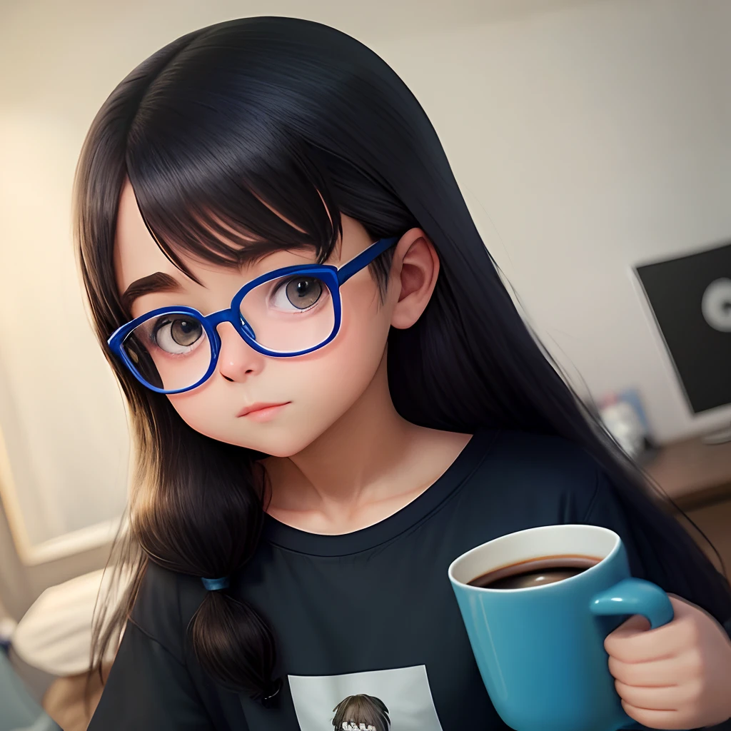 garota. bespectacled. cabelo preto. media. casaco fino. Azul escuro. height of a . Adolesce de 17 anos uma camisa. with heart impression. anime animation. Holding a cup of coffee with one hand