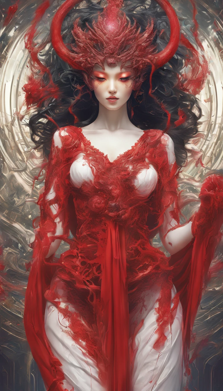 Blood red room, Flashing white TV screen, BUDDHA STATUE, cabelos preto e longos, with hair dishevelled, Cover one eye and face, Bright red eyes, Wearing a white transparent robe, Looming full breasts,liquor,Devil, reaching out her hands,Straighten your body, Red nails are exposed, Pinch the camera, hyper HD, Anatomically correct, Textured skin, Super detail, High details, High quality, A high resolution, 8K, hyper HD, Anatomically correct, Textured skin, Super detail, High details, High quality, Best quality, 8K,Leishnampo,Room 2,Horror