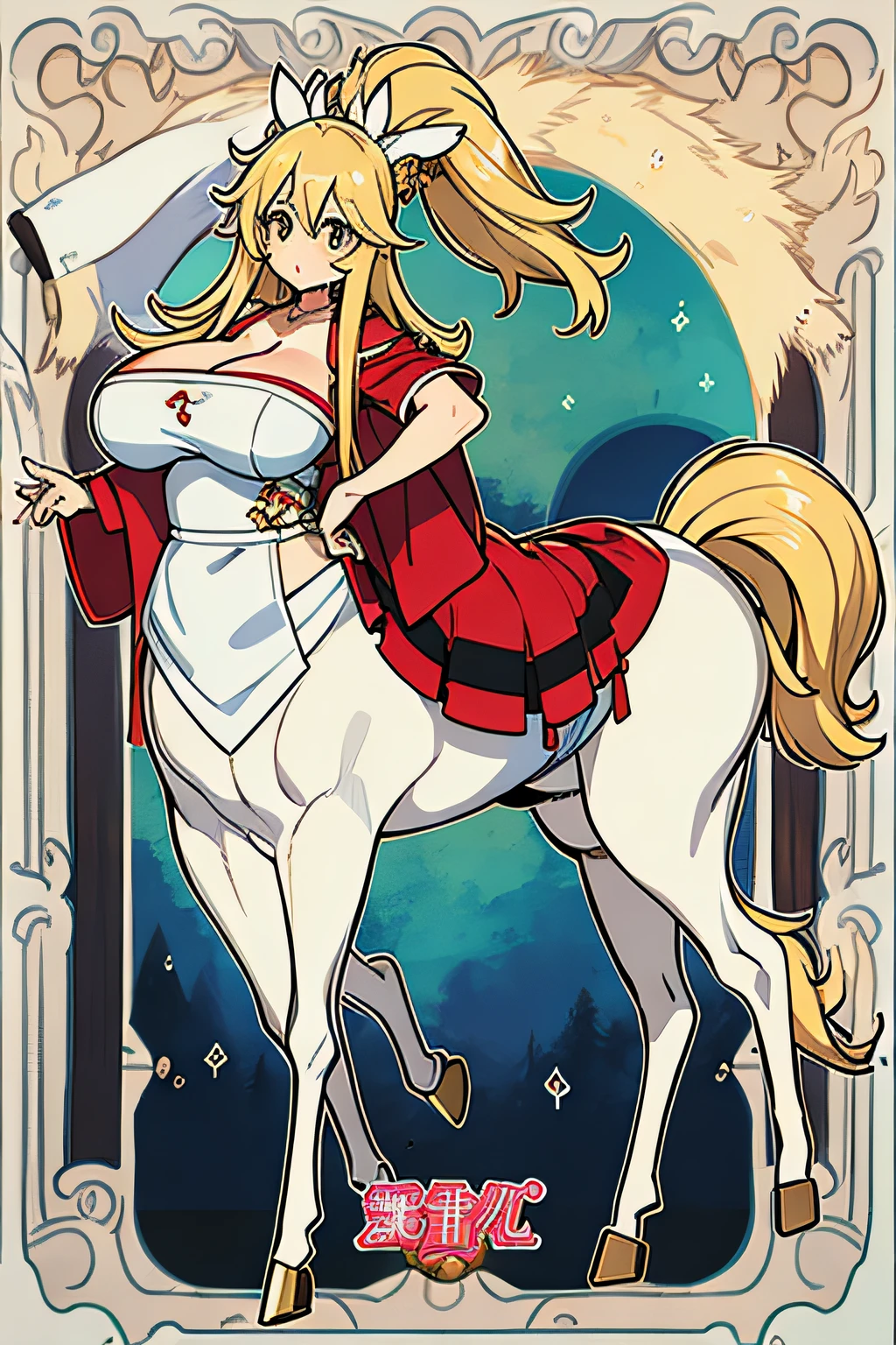 master part, melhor qualidade, ultra-detalhado, olhos expressivos, rosto perfeito, centaur woman ,seios gigantescos, coxas grossas, coxas enormes, quadris largos, Estilo de cabelo gyaru, Roupas de Gyaru, Franja longa e contundente bunda gigantesca, pubic hair, Olhos Expressivos, franja ofuscante, Swf, Pele peluda, Gyaru Accessories, totalmente vestido