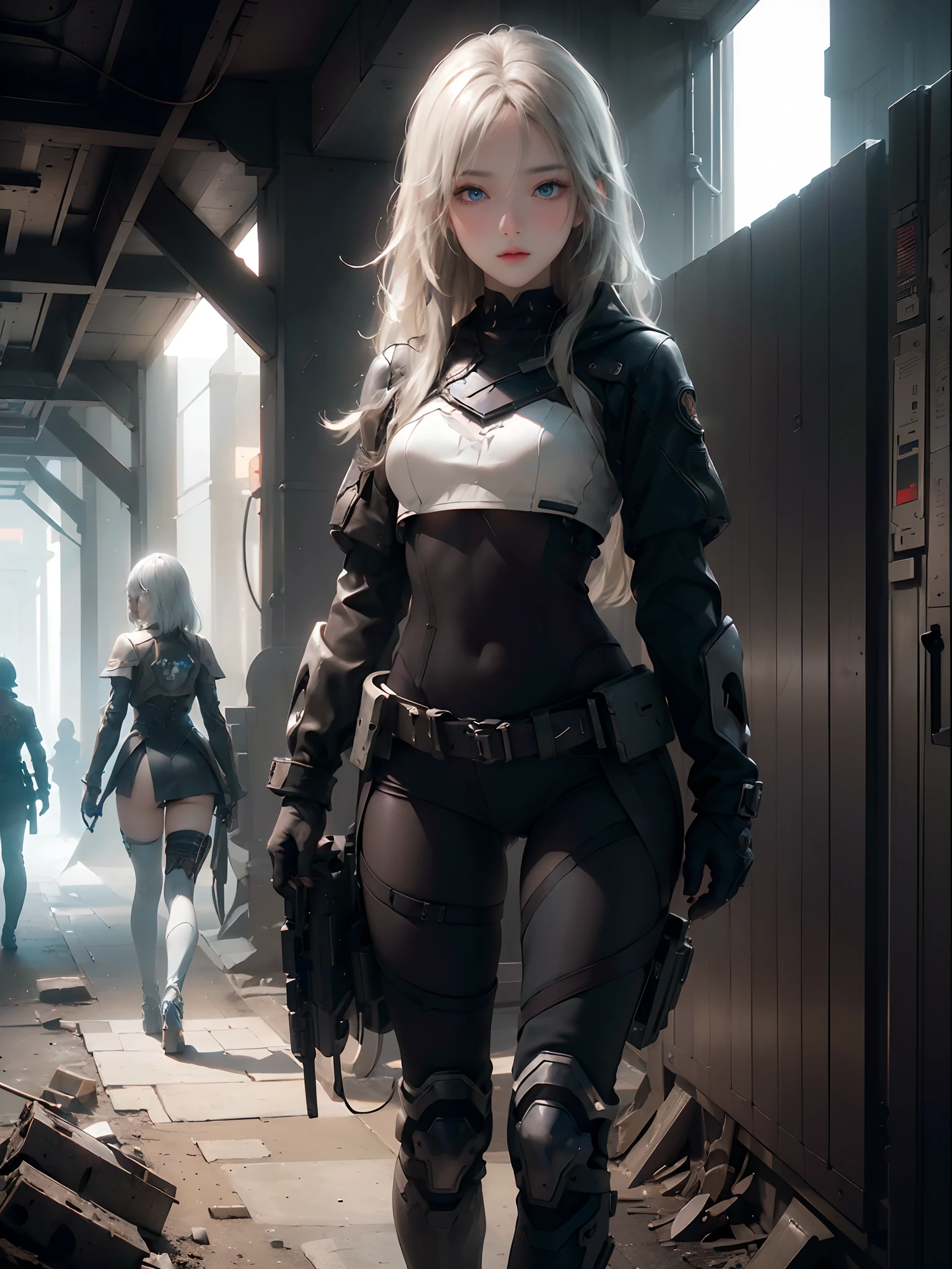 ((top-quality)), (((masterpiece)), (detaileds: 1.4), 3D, Beautiful Cyberpunk Woman Image, bob cuts, Broken black tights, leather clothes, Electromechanical, nffsw(HighDynamicRange), Ray traching, NVIDIA RTX, Hyper-Resolution, Unreal 5, Sub-surface scattering, PBR Texture, Postprocess, Anisotropy Filtering, depth of fields, Maximum sharpness and acutance, Multilayer Texture, Albedo and Highlight Maps, Surface Coloring, Accurate simulation of light-material interactions, perfectly proportions、octane renderings、two tone lighting、Large aperture、Low ISO、White Balance、thirds rule、8K Raw、masterpiece、top-quality、(8k extremely detailed CG unit wallpaper)(top-quality)、(The best illustrations)、(Best Shadows), innocent blue eyes, long hair, big tits, super detailed hand