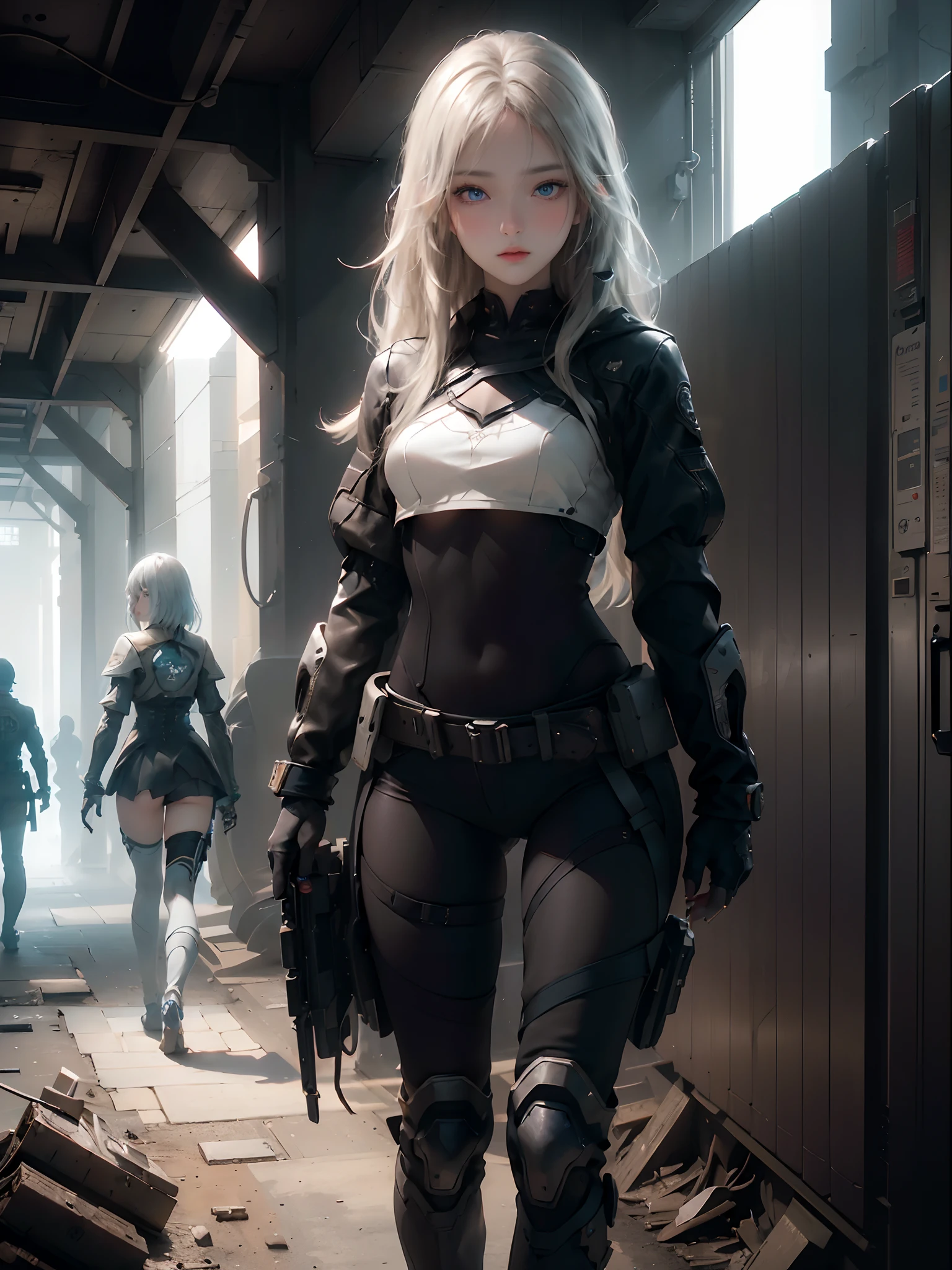 ((top-quality)), (((​masterpiece)), (detaileds: 1.4), 3D, Beautiful Cyberpunk Woman Image, bob cuts, Broken black tights, leather clothes, Electromechanical, nffsw(HighDynamicRange), Ray traching, NVIDIA RTX, Hyper-Resolution, Unreal 5, Sub-surface scattering, PBR Texture, Postprocess, Anisotropy Filtering, depth of fields, Maximum sharpness and acutance, Multilayer Texture, Albedo and Highlight Maps, Surface Coloring, Accurate simulation of light-material interactions, perfectly proportions、octane renderings、two tone lighting、Large aperture、Low ISO、White Balance、thirds rule、8K Raw、​masterpiece、top-quality、(8k extremely detailed CG unit wallpaper)(top-quality)、(The best illustrations)、(Best Shadows), innocent blue eyes, long hair