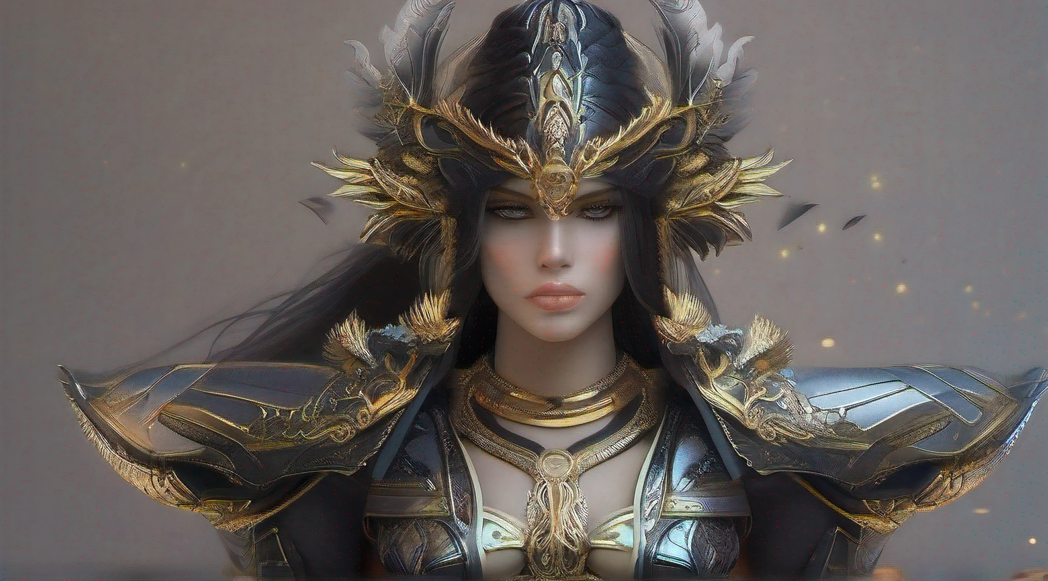 (best quality, ultra-detalhado),cavaleiro feminino,Armadura preta com detalhes dourados nos ombros e tronco,rosto bonito e detalhado,Olhos detalhados,Olhando para o horizonte segurando uma espada preta com runas azuis claras