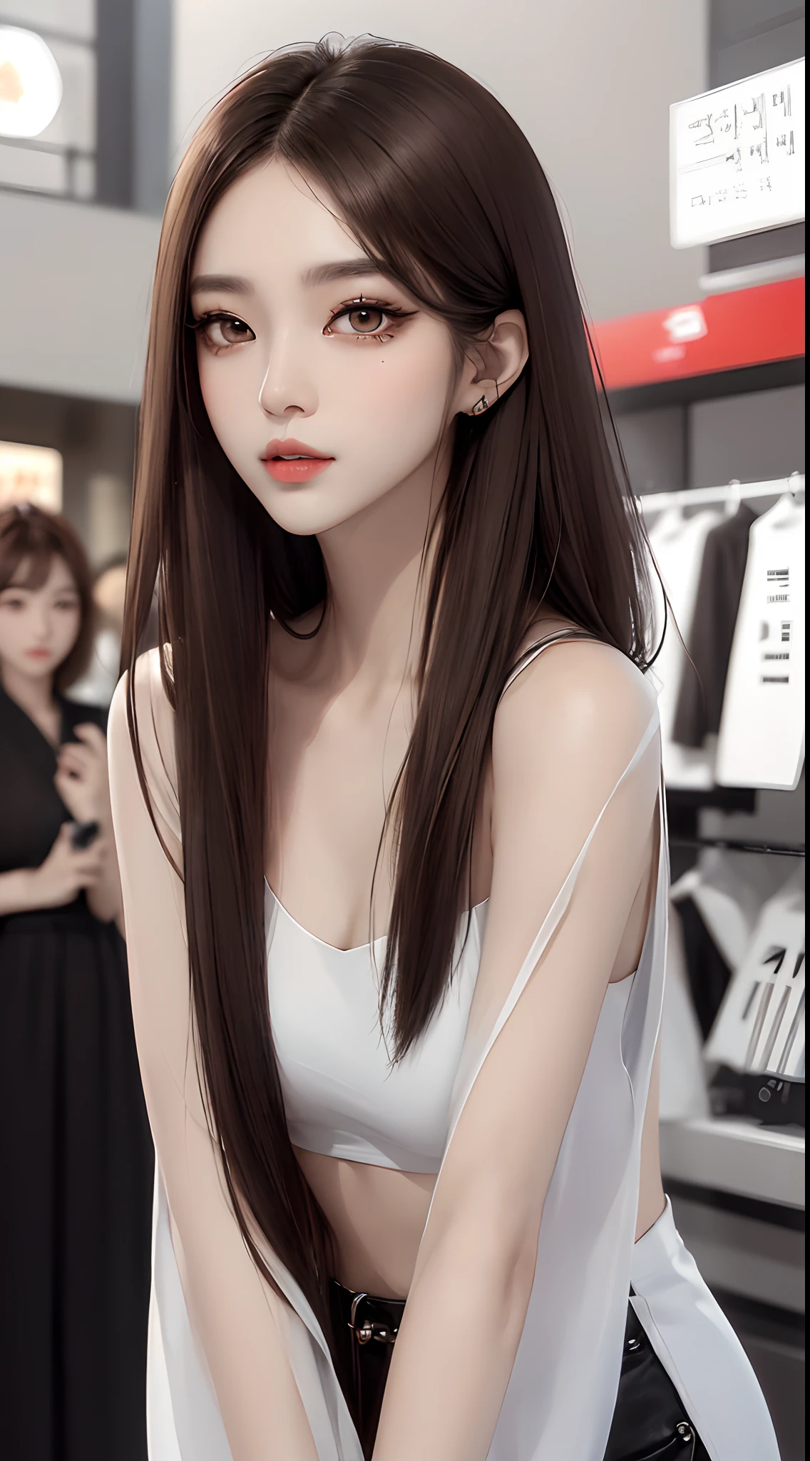 masterpiece、top-quality)、1 beutiful girl、Slim body、((Black and white plain clothes:1.1))、(Detailed beautiful eyes)、Walk around the store、((Boyish Brown Shorthair))、((Smaller face))、((Light brown eyes))、((Korean Girl))、((cool lady))、((Wild look))、((Korean Makeup))、((elongated and sharp eyes))、((Dating))、((looking distantly))、((boyish))