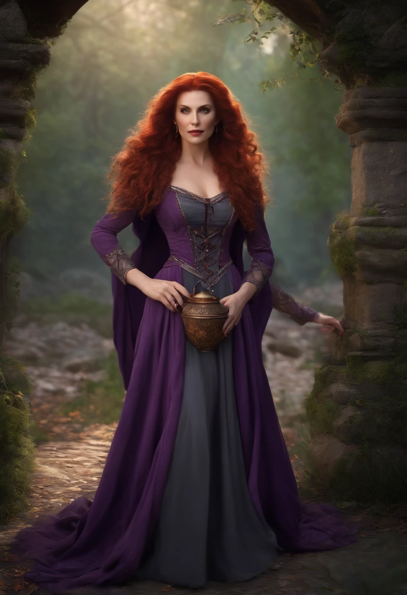 medieval rpg style, beautiful middle aged witch, with a gray-red hair, pale skin, wearing a purple dress