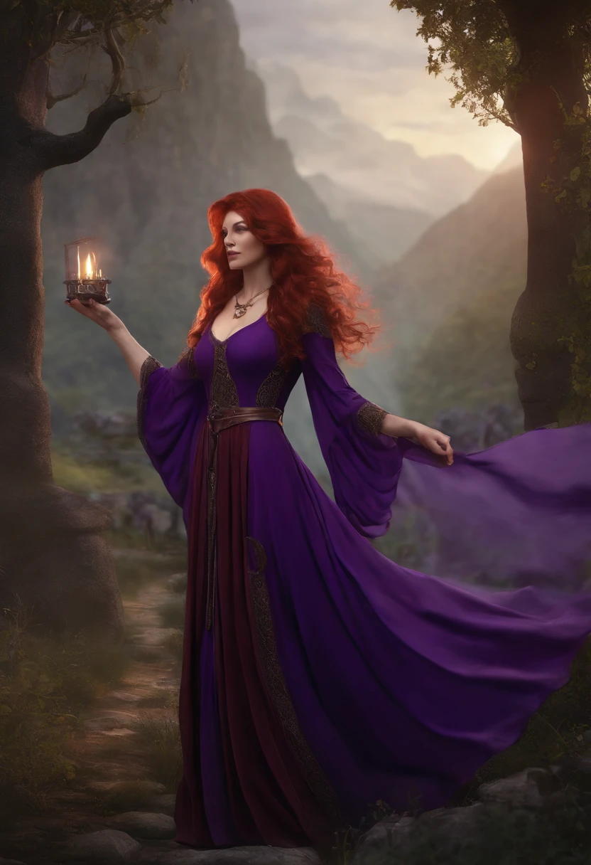 medieval rpg style, beautiful middle aged witch, with a gray-red hair, pale skin, wearing a purple dress