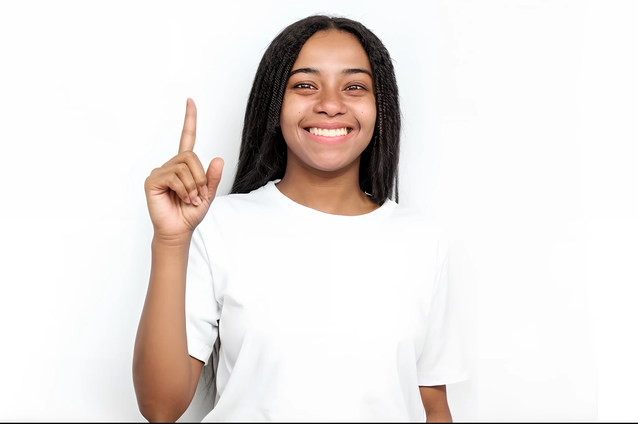 uma jovem negra apontando o dedo indicador para cima. as mao sao perfeitas e eles s]ao sorridentes