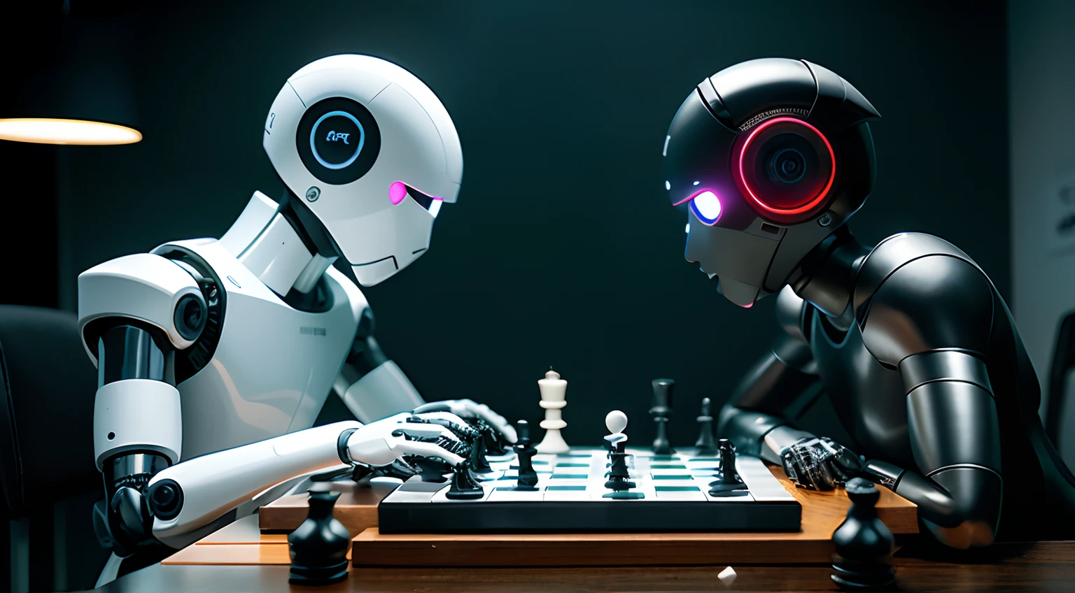 robots playing chess with each other in a room, strong artificial intelligence, Artificial intelligence, infinite collaboration with AI, artificial intelligence machine, robots fight, futuristic robots, robots, artificial intelligence gods, foco em dois androides, Artificial intelligence!!, evil artificial intelligence, robot cyborgs, AI produzindo o realista, futuristic robotics, com tema ai, ai startup