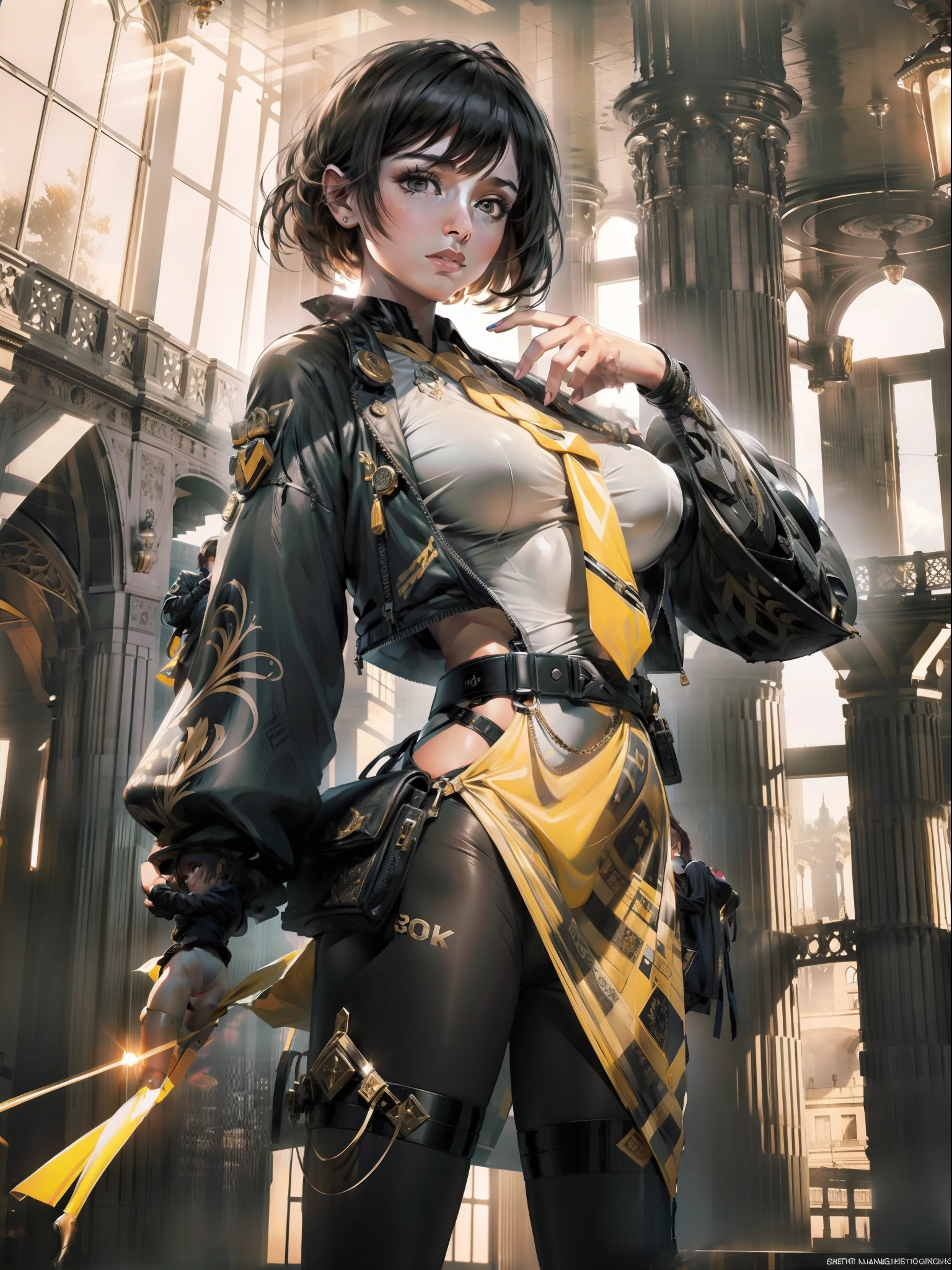 1girl, intricate detail, masterpiece, best quality, extremly detailed,cinematic lighting, beautiful detailed glow, finely detailed beautiful face and eyes, 8k, dark intense shadows, yellow eyes, medium hair, black hair, bangs, floating hair, black jacket, open jacket, white shirt, expressionless, yellow necktie, black skirt, spotlight, sunshine, sunrise, gradient sky, city, lens flare, cowboy shot, [[curvy]], [mature female]