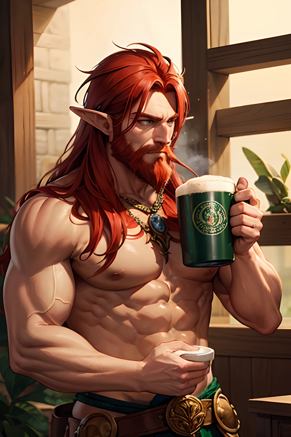 Muscular, Elf Druid with red hair, a light beard and a mug of beer in his hand