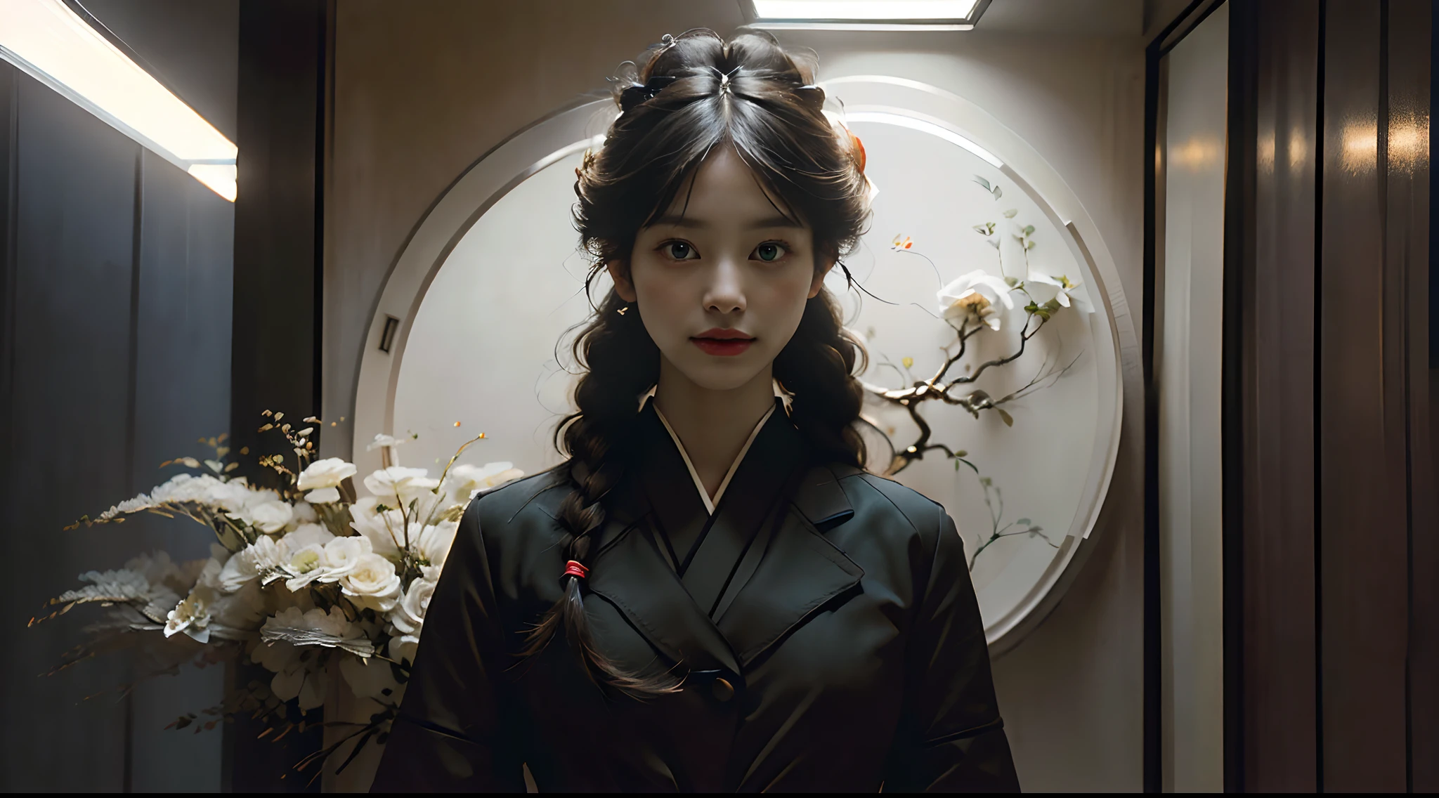 (Masterpiece, high resolution:1.3), (Portrait of a woman Samantha,Long hair decorated with multiple braids and red ribbons:1.3), (Her striking green eyes sparkled:1.1), (Sony Alpha 7R IV camera, Known for its superior image quality and detail:1.2), (With Sony FE 85mm f/1.4 GM lens:1.2), (Her flawless skin and professionally made up enhanced lips:1.3), (Elegantly wear a black blazer and white shirt:1.3), (Wearing a long black dress:1.3), (Inside the elevator, Her face is perfectly illuminated:1.2), (The camera and lens combination ensures sharpness and sharpness of portraits:1.2), (Blazers and skirts that exude professionalism and style:1.2), (Her long hair and red ribbon add a touch of charm:1.1), (Her green eyes reflect a sense of charm and mystery:1.1), (Her facial features were illuminated, Capture her essence:1.1), (The elevator creates a sense of loneliness and introspection:1.1), (Show off her personable portrait:1.1), (A moment of serenity and confidence:1.1), (Sony FE 85mm f/1.4 GM shots produce pleasant background blur:1.1), (An eternal image that celebrates the beauty of the individual:1.1), (A portrayal of elegance and confidence:1.1), (Perfect lighting captures every detail of her face:1.1), (Capture photos of Japanese culture elegance and beauty:1.1), (Enjoy a moment of introspection and tranquility in the confined space of the elevator:1.1), (The camera's advanced features provide superior image quality:1.1), (Images that tell a story of elegance and personality:1.1), (The woman's brilliant green eyes attract the audience:1.1)