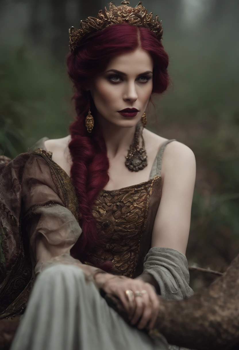 estilo rpg medieval, bruxa bonita da meia-idade, with short red-gray hair tied behind, very pale skin, usando um vestido roxo, with a snake in his arms