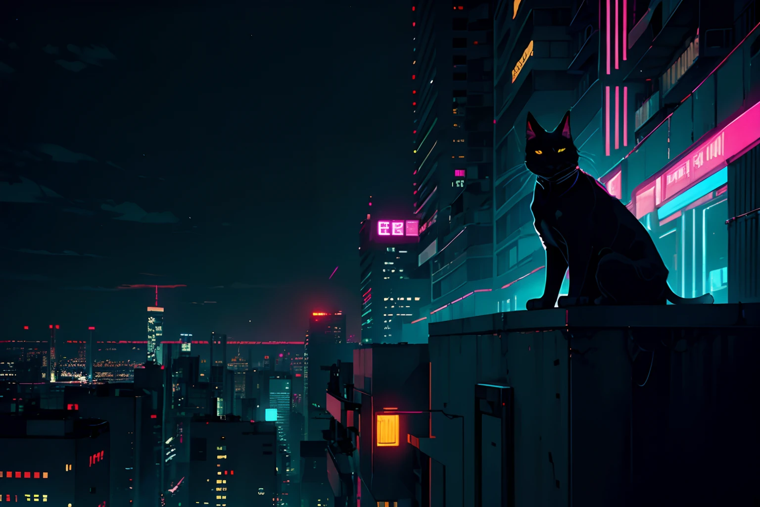 neon, cyberpunk, night, nocturnal, moon with strong light, white cat, on top of a building, on the edge of the building,