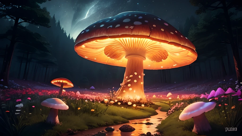 landscape, night, mushrooms, flowers