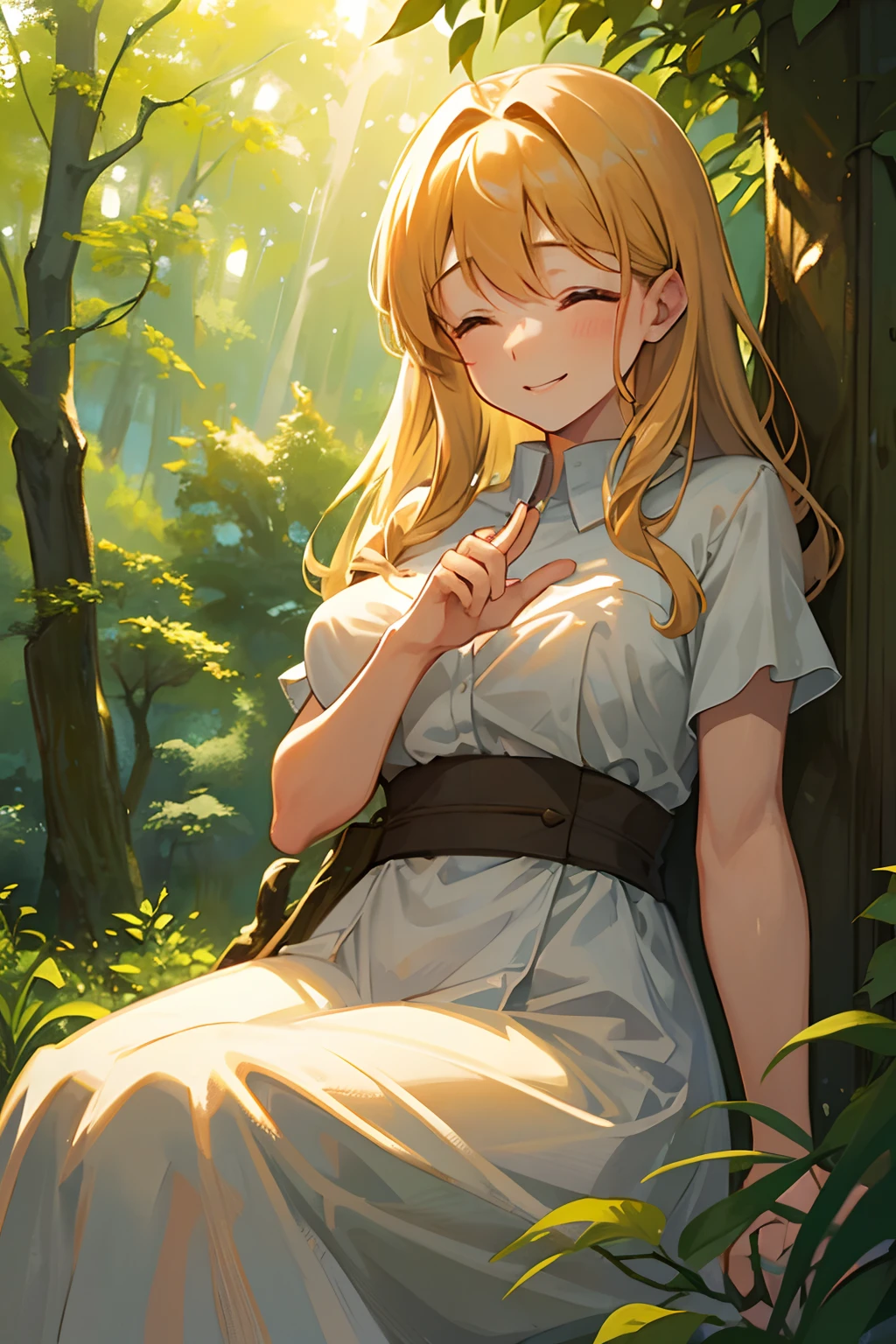 beautiful woman,sitting in the branches of a douglas fir tree,petite body,soft smile,flowing hair,delicate fingers,nature lover,peaceful atmosphere,sunny day,gentle breeze,warm golden light,surrounded by lush greenery,serene expression,harmonious colors,ethereal beauty,subtle sunlight filtering through the leaves,majestic tree trunk in the background,strong connection with nature,pure joy and contentment