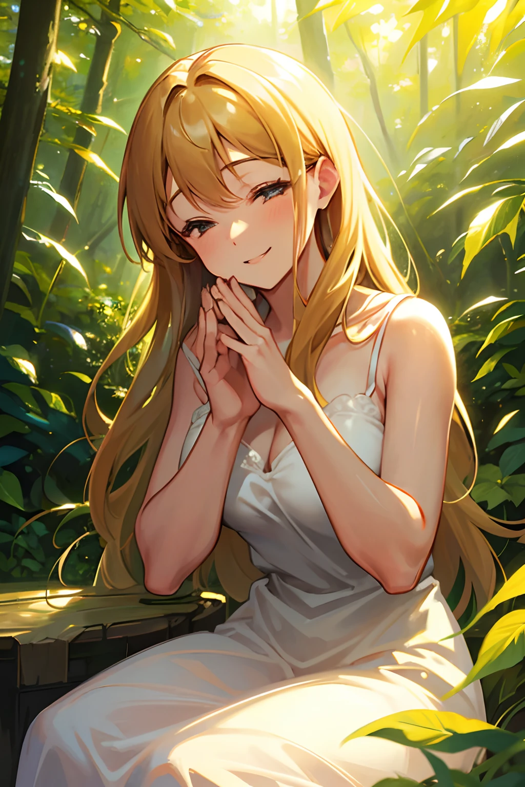 beautiful woman,sitting in the branches of a douglas fir tree,petite body,soft smile,flowing hair,delicate fingers,nature lover,peaceful atmosphere,sunny day,gentle breeze,warm golden light,surrounded by lush greenery,serene expression,harmonious colors,ethereal beauty,subtle sunlight filtering through the leaves,majestic tree trunk in the background,strong connection with nature,pure joy and contentment
