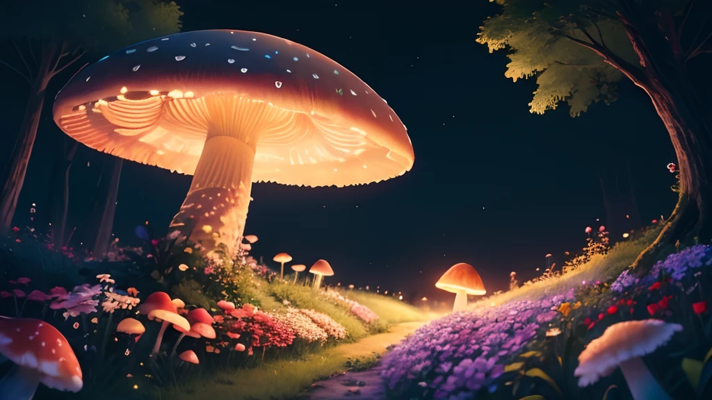 landscape, night, mushrooms, flowers