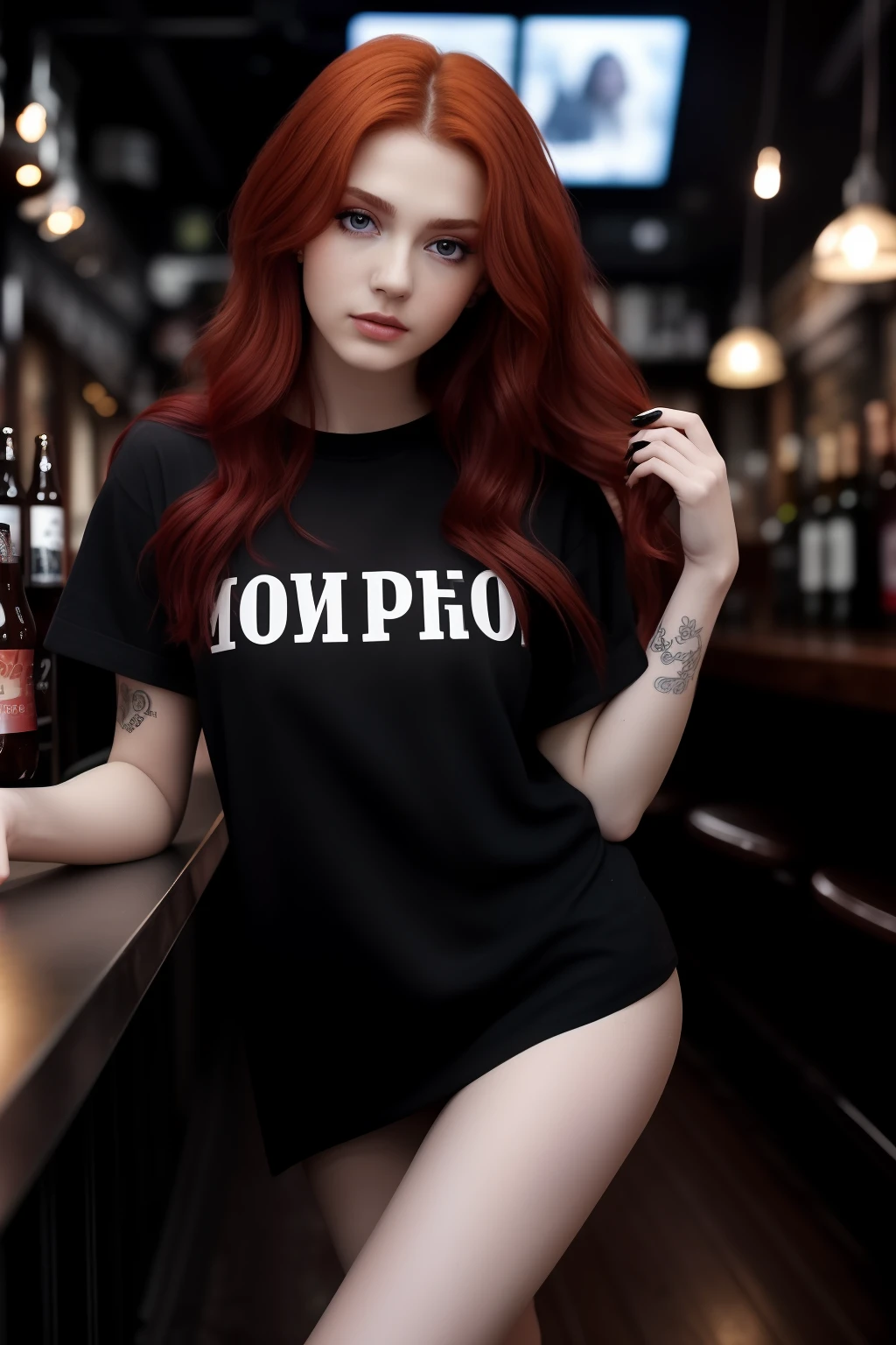 Mj, glamour, Fashion photo, Vogue Magazine, Beautiful, teenaged, 18 years, very skinny, Girl with disheveled red hair, pure eyes, makeup, Details, higly detailed, Fashion Magazine, Standing in a rock beer bar, pub, darkness, Smoke, rim light, Cinematic lighting,
Dressed in a black oversized T-shirt, naked legs,
ISO 100, f / 4, 1/200 p. (in Russian). (in Russian).