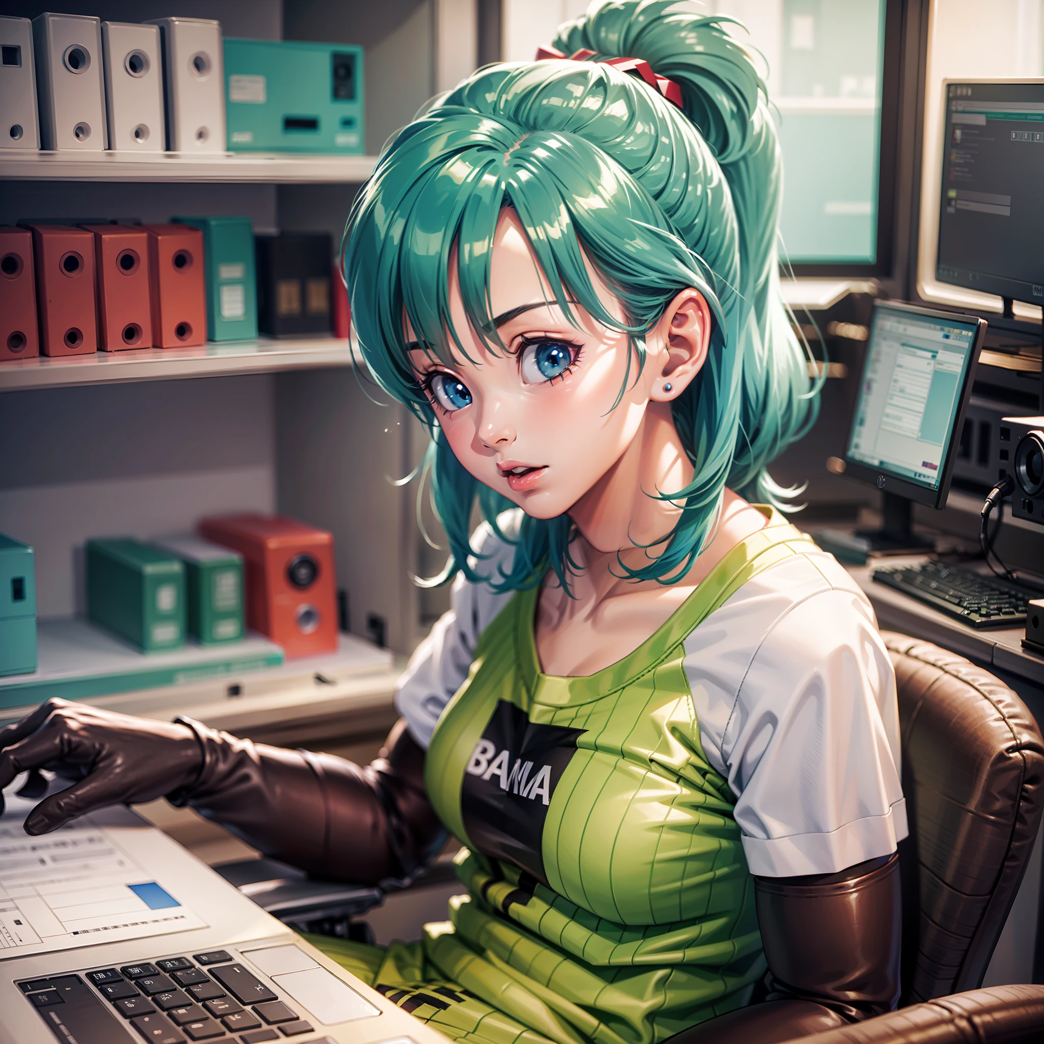 Bulma segurando um rada, in a technological laboratory, Laboratory scenario, Sitting looking at the computer in a lab, super realistic and well detailed with traces of the anime dragon ball Z