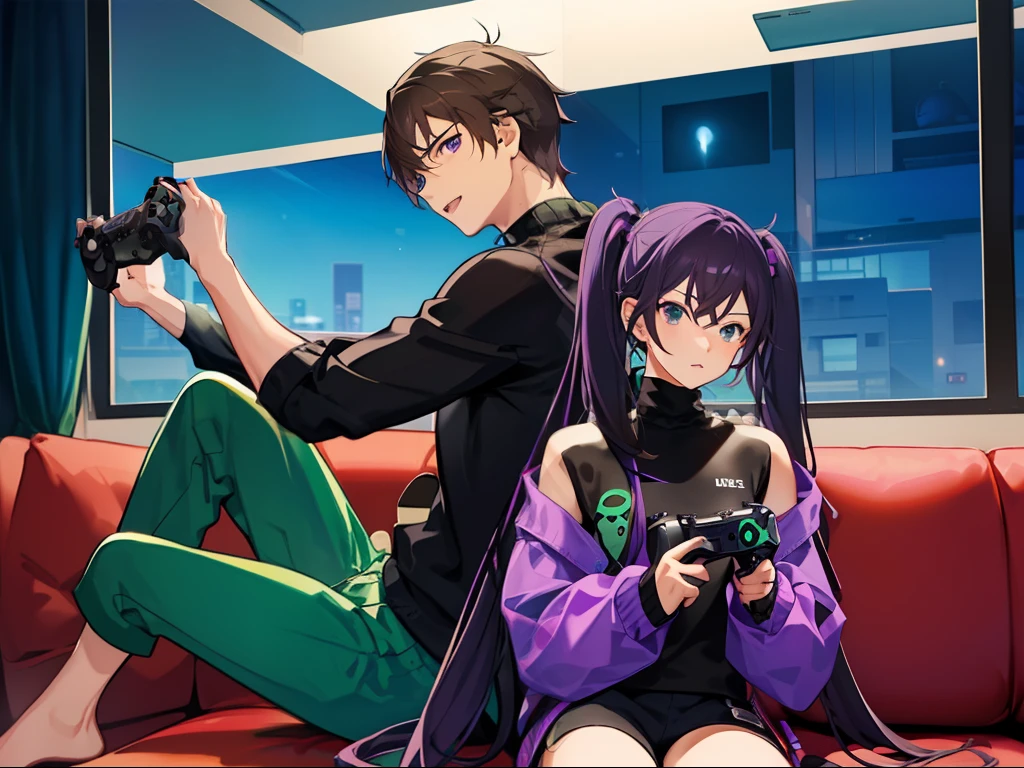 (Boy1 and Girl1 playing games inside sitting on a sofa, fighting to win, front view), (Boy1, male, dark brown short hair, green turtleneck, leggings, holding a game controller), (Girl1, female, dark purple low twin-tail hair, purple hoodie, shorts, holding a game controller), Apartment room, nighttime, boy and girl, 3/4 view, full body