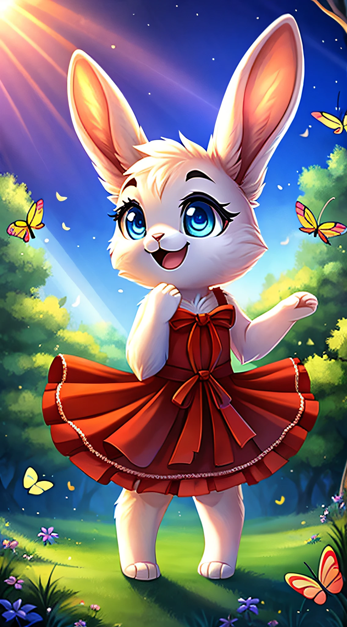 zoomed out image, fantasy style art, cute, adorable, short character, small, tiny, baby fluffy female white bunny with blue eyes, 4 ears, 2 extra ears, big floppy ears, long ears, ears perked up, raised ears, long eyelashes, wearing a red frilly ribbon dress, standing in a forest, colorful butterflies, big expressive smile, open mouth, wide eyes, excited eyes, excited face, stunning visuals, sunrays, digital illustration