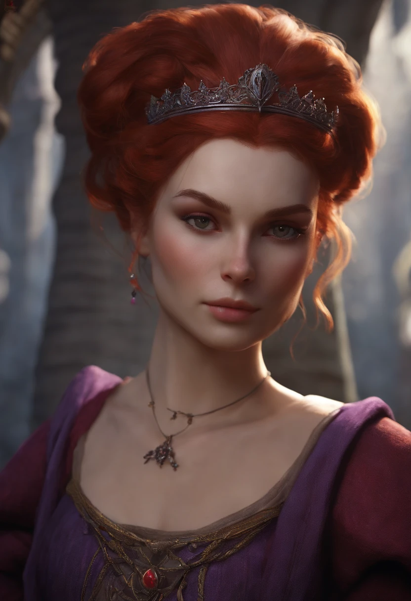 estilo rpg medieval pathfinder, bruxa bonita da meia-idade, with a short red-gray hair tied in a bun behind, very pale skin, usando um vestido roxo, segurando uma cobra