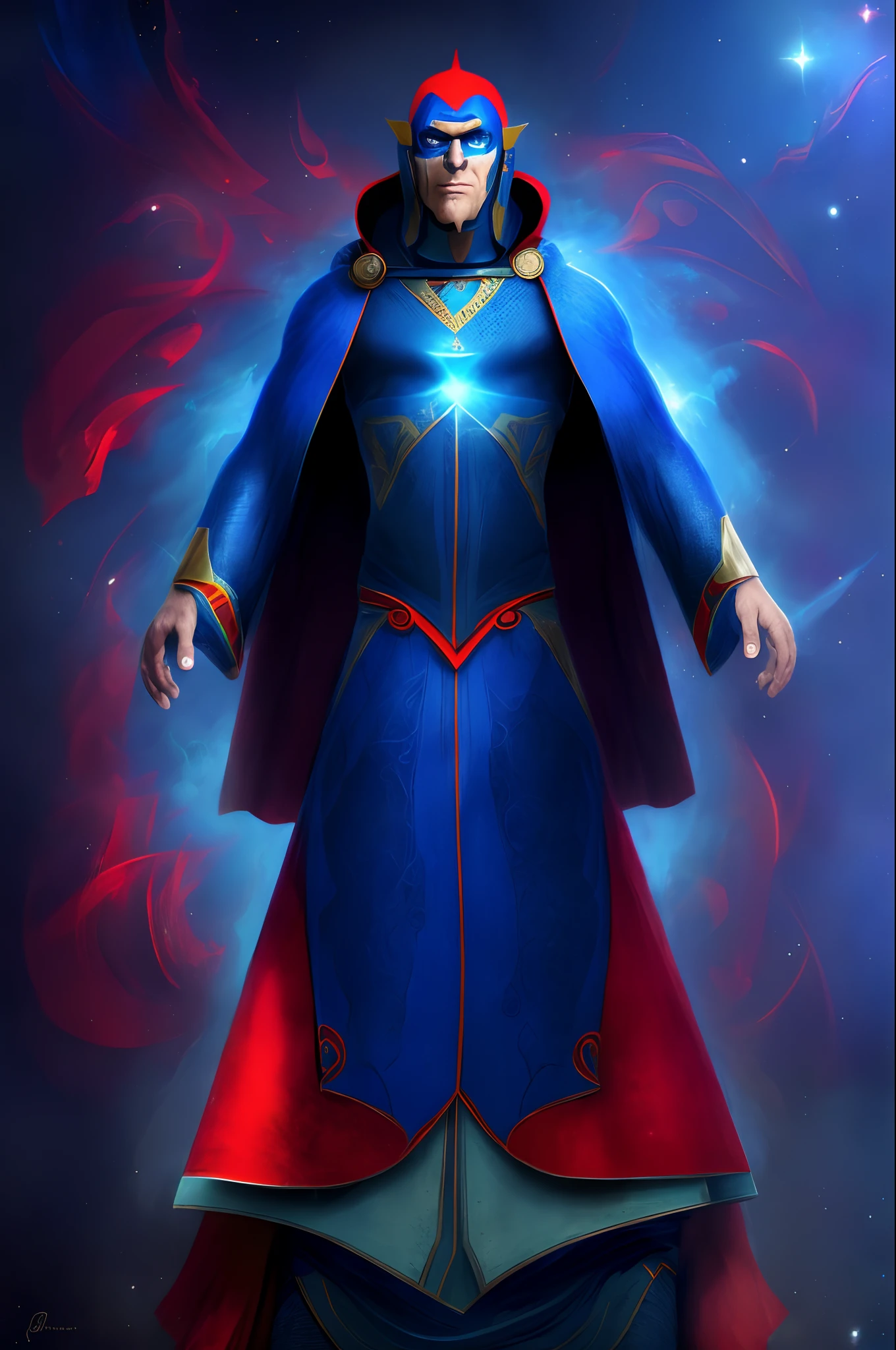 a cartoon of a man dressed in a blue and red costume, new costume concept design, full body concept, as an atlantean, official concept art, mage robe based on a toucan, blue cloak, inspired by Aquirax Uno, dressed in a blue cloak, dark sorcer fullbody pose, full body with costume, space backdrop