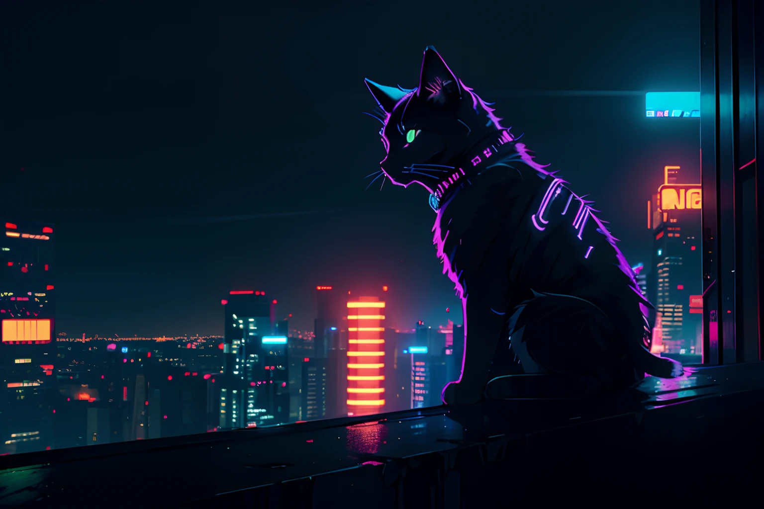 neon, cyberpunk, night, nocturnal, moon with strong light, cat, on top of a building, on the edge of the building,