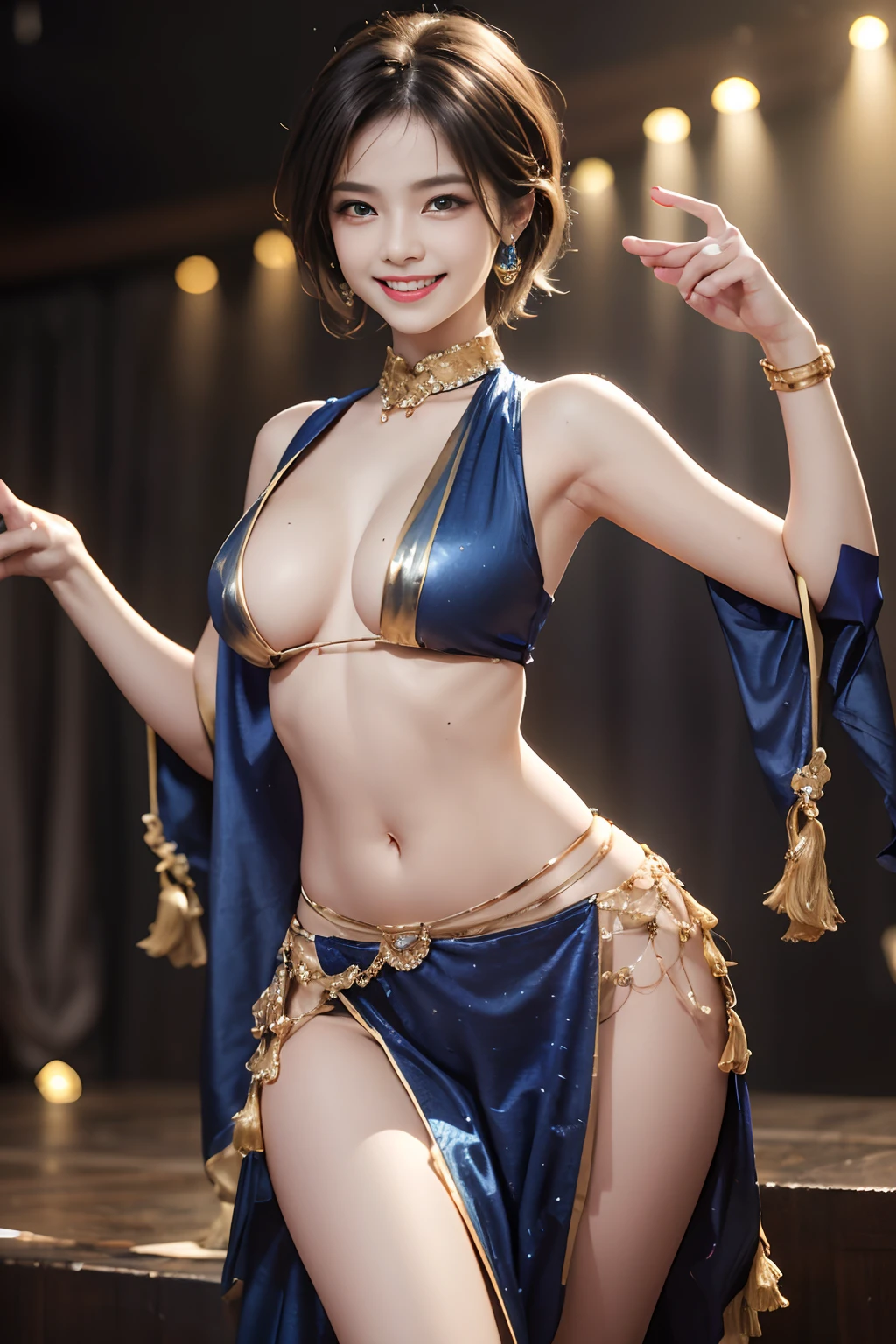 Smile full of happiness、((Looks happy:1.3))、、Panting face、Lacking、Sweating、Expression in a state of excitement、short-hair、eye glass、Photorealistic,High resolution,Soft light,1womanl,hips up high, Large breasts, Blue eyes, Expensive jewelry, Elegant and sexy fabric small indigo and gold traditional costume,((Doing a sexy dance:1.3))