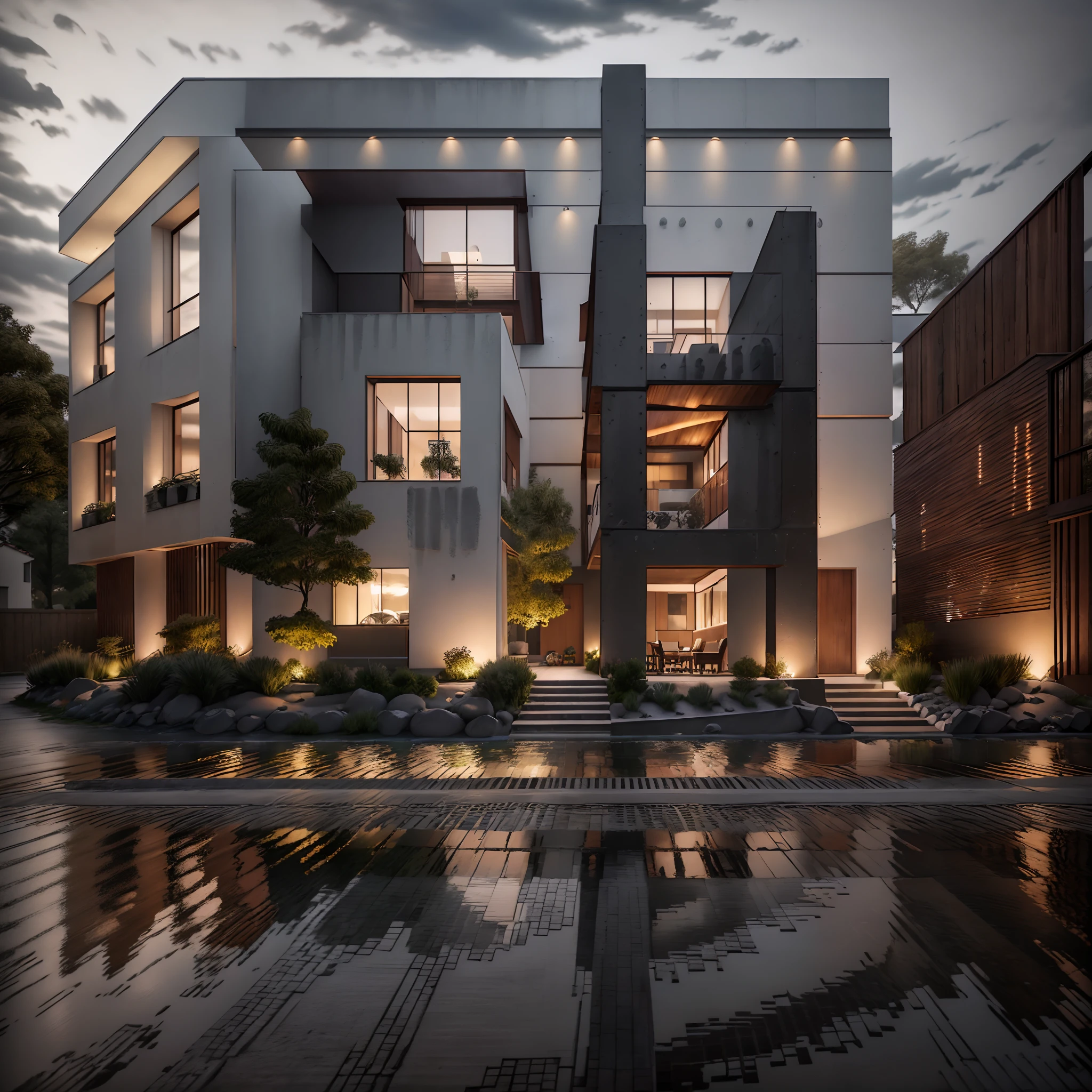 mordenhouse, maison, maison de verre avec un toit en pente, moderne,led lights around dynamique (photo RAW, Real, beste-Qualit, master piece: 1.2), (hyper realistic, photo-realistic: 1.2), highly quality, (dark lighting: 1.2), perfect lighting, archdaily