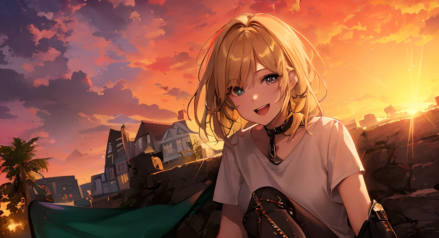 superfine illustration, very detailed beautiful face and eyes, Dynamic Angle, Man bursting out laughing, Sunset sky, Reflexes from head to knee, wide angles, One Man With Blonde Hair, Slender man in plain t-shirt