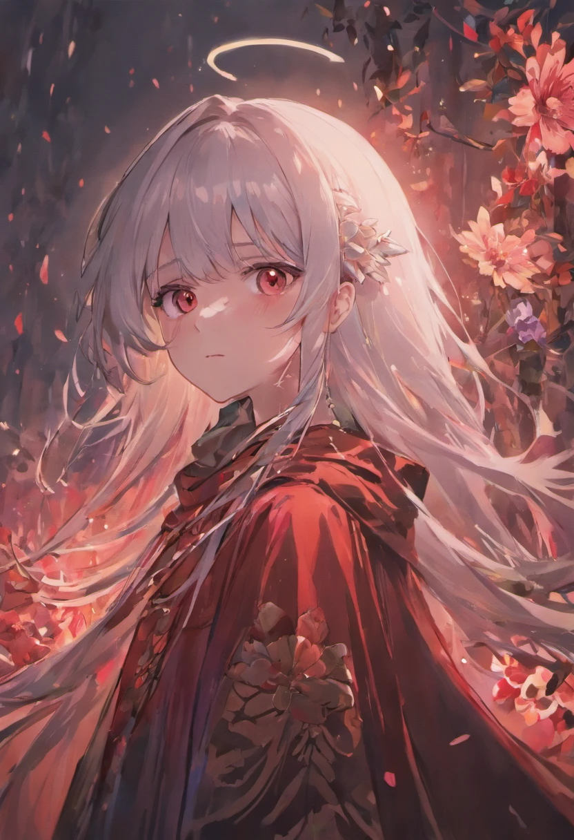 1girl,solo,1girl,solo,((beautiful detailed eyes)), (detailed light),depth of field,(white hair),silver eyes,hair over one eye,(red flower ), hair flower,long hair,black cloak,wet,emotionless,looking back,night,starfall,raining,fog,red flowers falling,sketch,upper body,intense shadows,