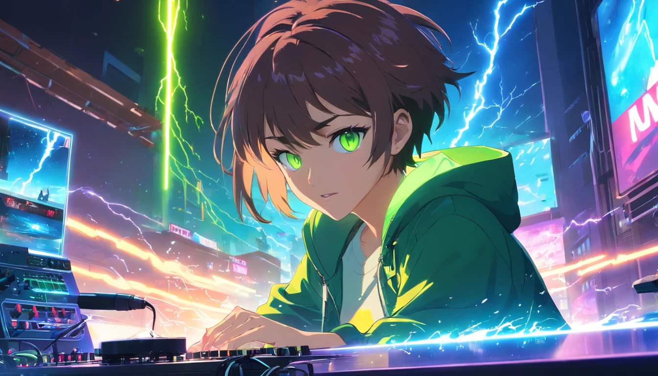 hyper realistic,irritado, RAIVA DESENCADEADA!!!, feeding, CHARGED LIGHTNING POWER, GREEN SPARKS ÉPICO HIPERALIMENTADO, CYBORG MAN DJ WEARING CYBERNETIC BLACK NEON JACKET WITH BRIGHT GREEN EYES, COM LOIRA MOWHAWK, ON DJ DECKS SURROUNDED BY LIGHTNING AND SMOKE, WITH A NEON SIGN IN THE BACKGROUND WRITTEN "iconic", EPIC RAVE SCENE, EPIC LIGHT SHOW, hype, bloom lighting