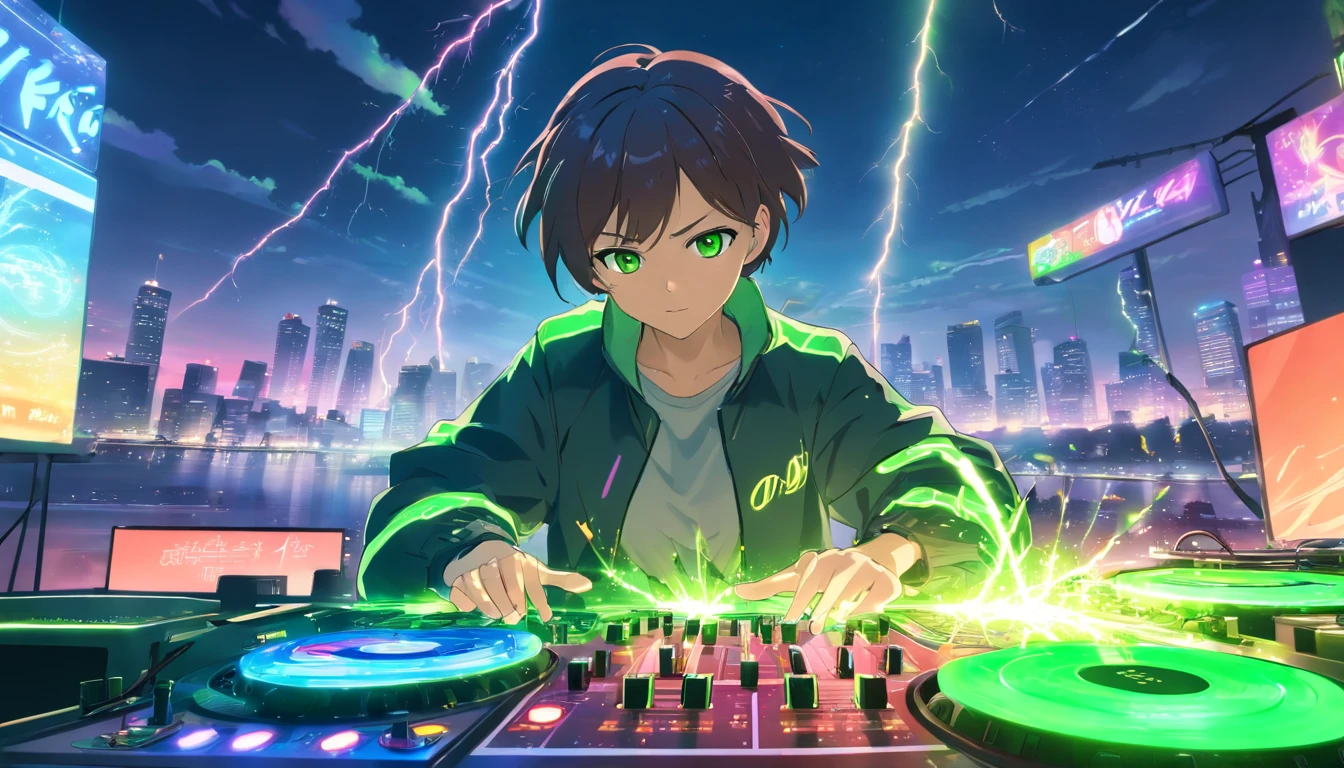 hyper realistic,irritado, RAIVA DESENCADEADA!!!, feeding, CHARGED LIGHTNING POWER, GREEN SPARKS ÉPICO HIPERALIMENTADO, CYBORG MAN DJ WEARING CYBERNETIC BLACK NEON JACKET WITH BRIGHT GREEN EYES, COM LOIRA MOWHAWK, ON DJ DECKS SURROUNDED BY LIGHTNING AND SMOKE, WITH A NEON SIGN IN THE BACKGROUND WRITTEN "iconic", EPIC RAVE SCENE, EPIC LIGHT SHOW, hype, bloom lighting